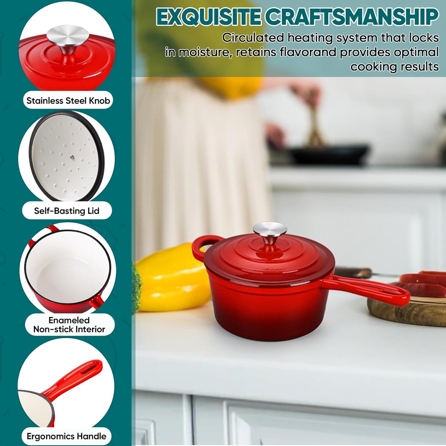 image:imageTeamFar 1QT Enameled Cast Iron Sauce Pan Small Sauce Pot with Lid Mini Dutch Oven Saucepan for CookingSimmeringBakingBoiling Sturdy amp Nonstick Oven Safe amp Fit for Induction WhiteRed