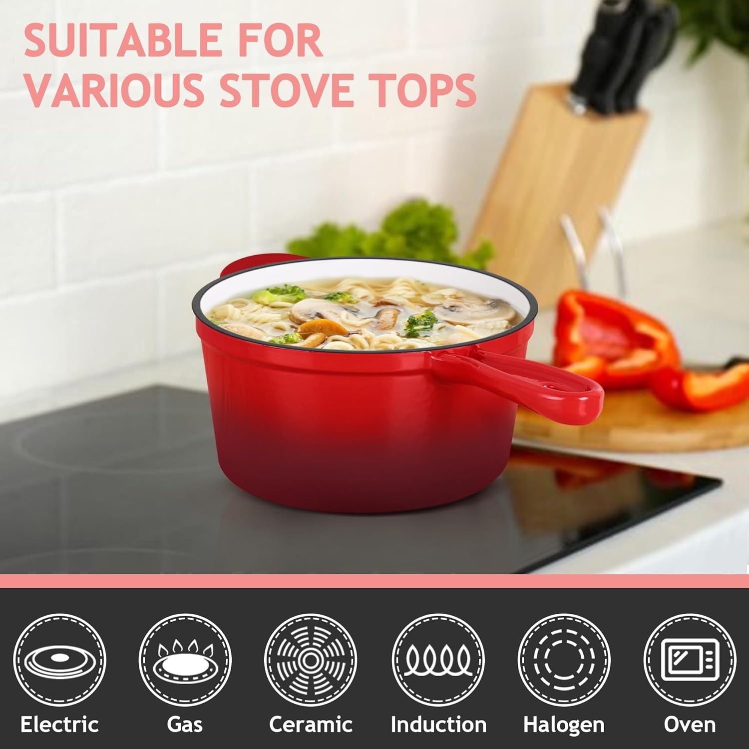 image:imageTeamFar 1QT Enameled Cast Iron Sauce Pan Small Sauce Pot with Lid Mini Dutch Oven Saucepan for CookingSimmeringBakingBoiling Sturdy amp Nonstick Oven Safe amp Fit for Induction WhiteRed