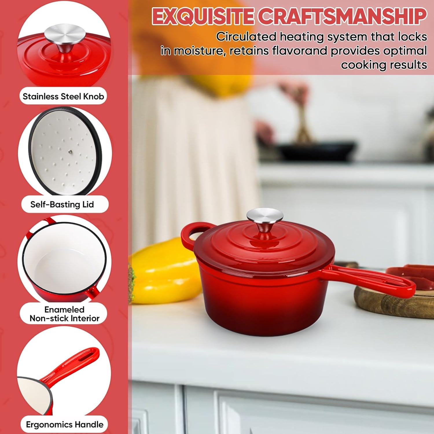 image:imageTeamFar 1QT Enameled Cast Iron Sauce Pan Small Sauce Pot with Lid Mini Dutch Oven Saucepan for CookingSimmeringBakingBoiling Sturdy amp Nonstick Oven Safe amp Fit for Induction WhiteRed