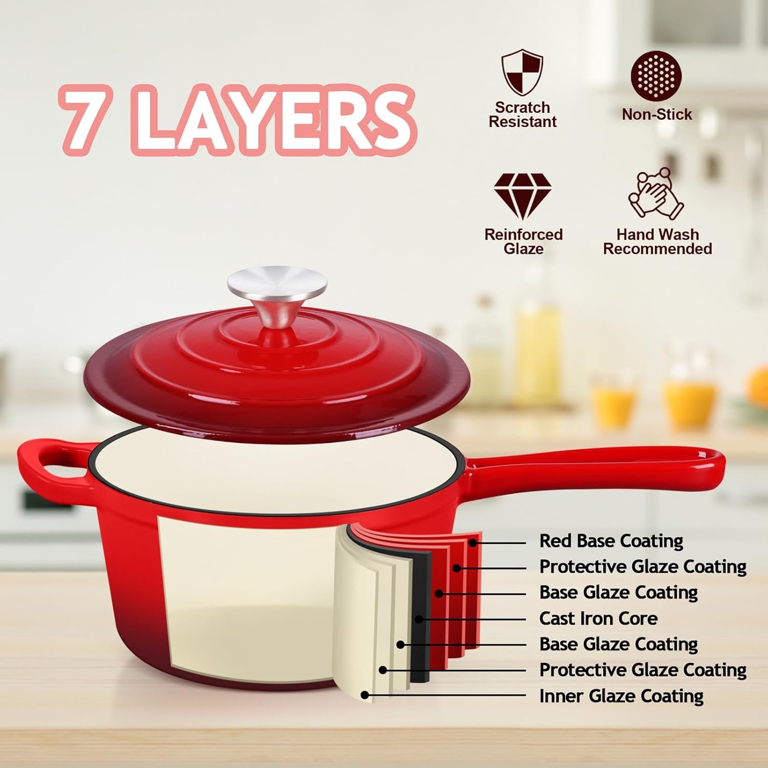 image:imageTeamFar 1QT Enameled Cast Iron Sauce Pan Small Sauce Pot with Lid Mini Dutch Oven Saucepan for CookingSimmeringBakingBoiling Sturdy amp Nonstick Oven Safe amp Fit for Induction WhiteRed