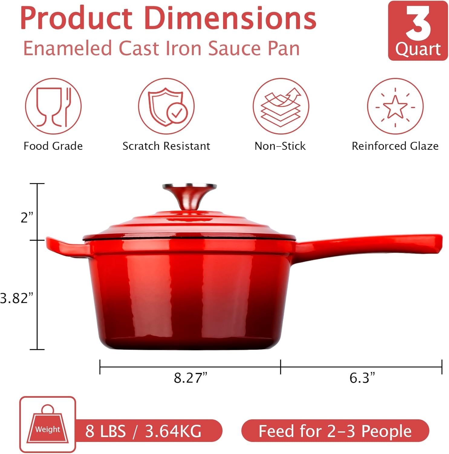 image:imageTeamFar 1QT Enameled Cast Iron Sauce Pan Small Sauce Pot with Lid Mini Dutch Oven Saucepan for CookingSimmeringBakingBoiling Sturdy amp Nonstick Oven Safe amp Fit for Induction WhiteRed