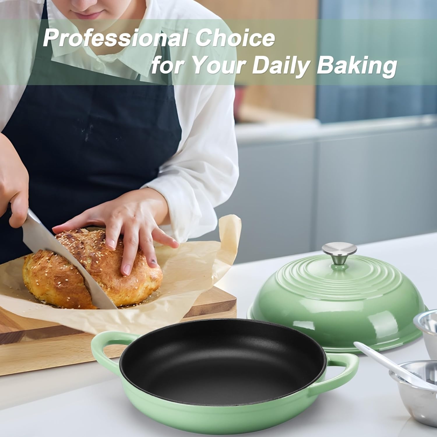 image:imageTeamFar Cast Iron Bread Dutch Oven 6 Qt Enameled Dutch Oven Pot for Sourdough Bread Baking with Tall Dome Lid amp Round Base Pan SelfBasting amp EvenHeating HeavyDuty amp Nonstick RedPistachio Green