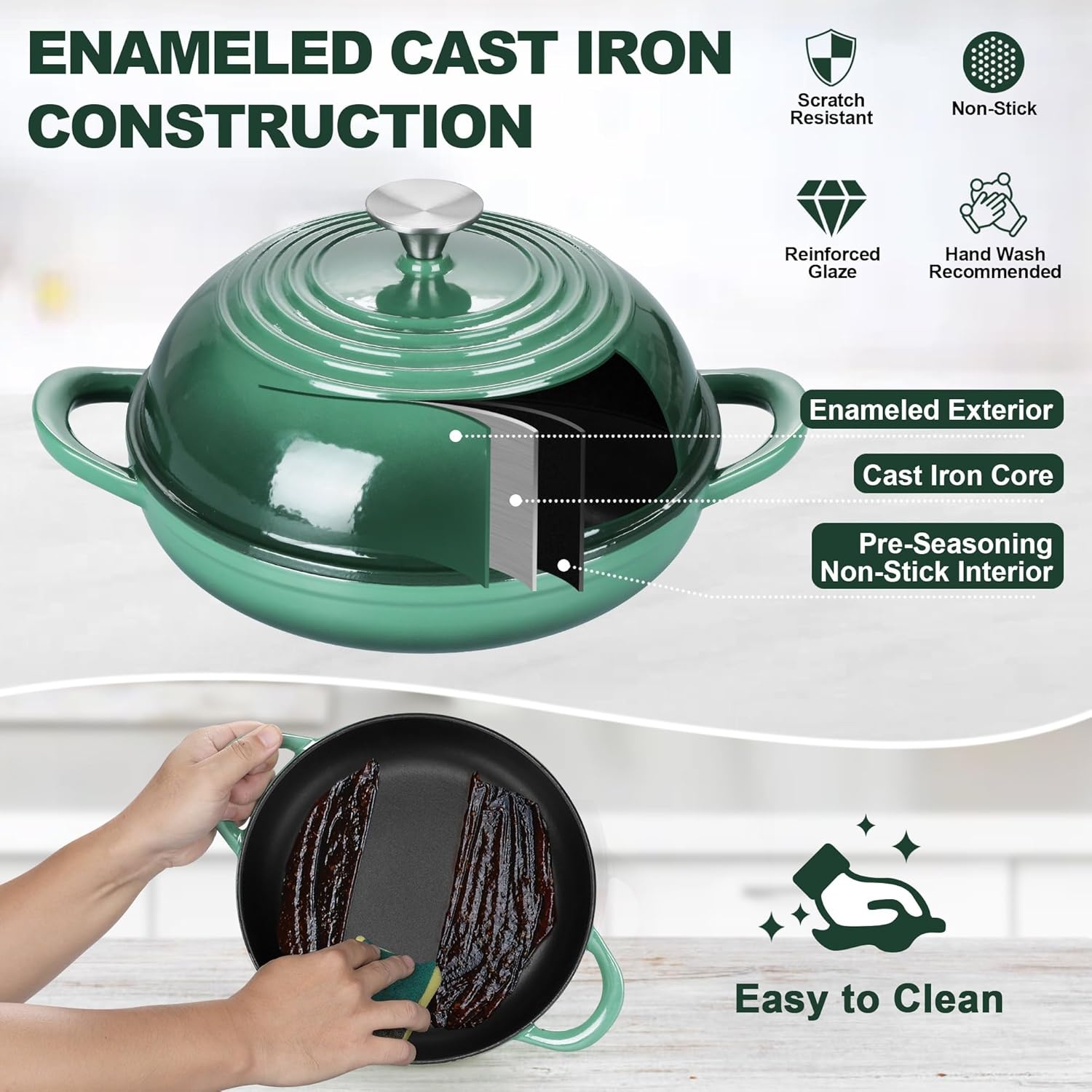 image:imageTeamFar Cast Iron Bread Dutch Oven 6 Qt Enameled Dutch Oven Pot for Sourdough Bread Baking with Tall Dome Lid amp Round Base Pan SelfBasting amp EvenHeating HeavyDuty amp Nonstick RedDark Green