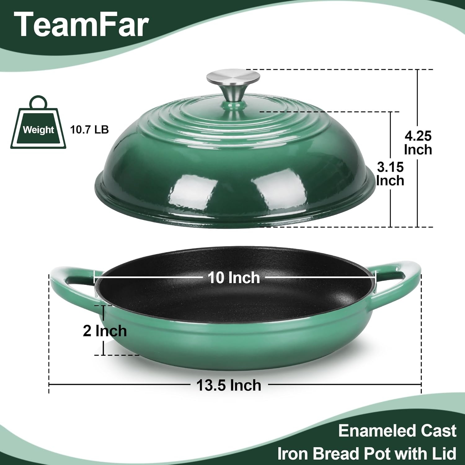 image:imageTeamFar Cast Iron Bread Dutch Oven 6 Qt Enameled Dutch Oven Pot for Sourdough Bread Baking with Tall Dome Lid amp Round Base Pan SelfBasting amp EvenHeating HeavyDuty amp Nonstick RedDark Green