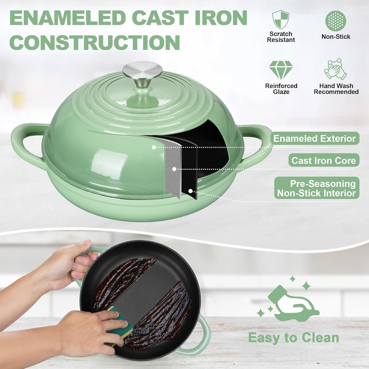 image:imageTeamFar Cast Iron Bread Dutch Oven 6 Qt Enameled Dutch Oven Pot for Sourdough Bread Baking with Tall Dome Lid amp Round Base Pan SelfBasting amp EvenHeating HeavyDuty amp Nonstick RedPistachio Green