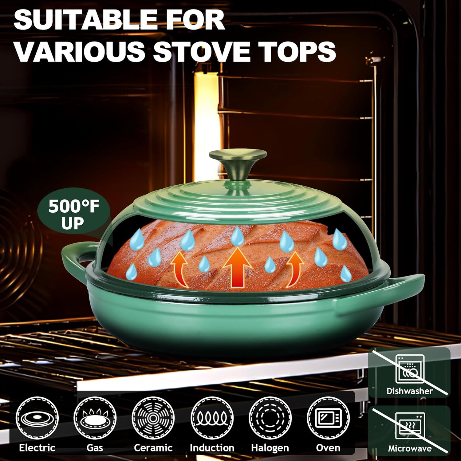 image:imageTeamFar Cast Iron Bread Dutch Oven 6 Qt Enameled Dutch Oven Pot for Sourdough Bread Baking with Tall Dome Lid amp Round Base Pan SelfBasting amp EvenHeating HeavyDuty amp Nonstick RedDark Green