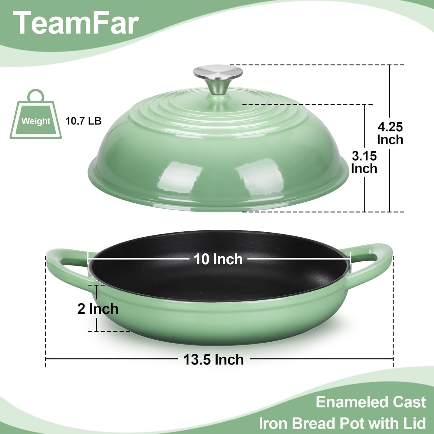 image:imageTeamFar Cast Iron Bread Dutch Oven 6 Qt Enameled Dutch Oven Pot for Sourdough Bread Baking with Tall Dome Lid amp Round Base Pan SelfBasting amp EvenHeating HeavyDuty amp Nonstick RedPistachio Green