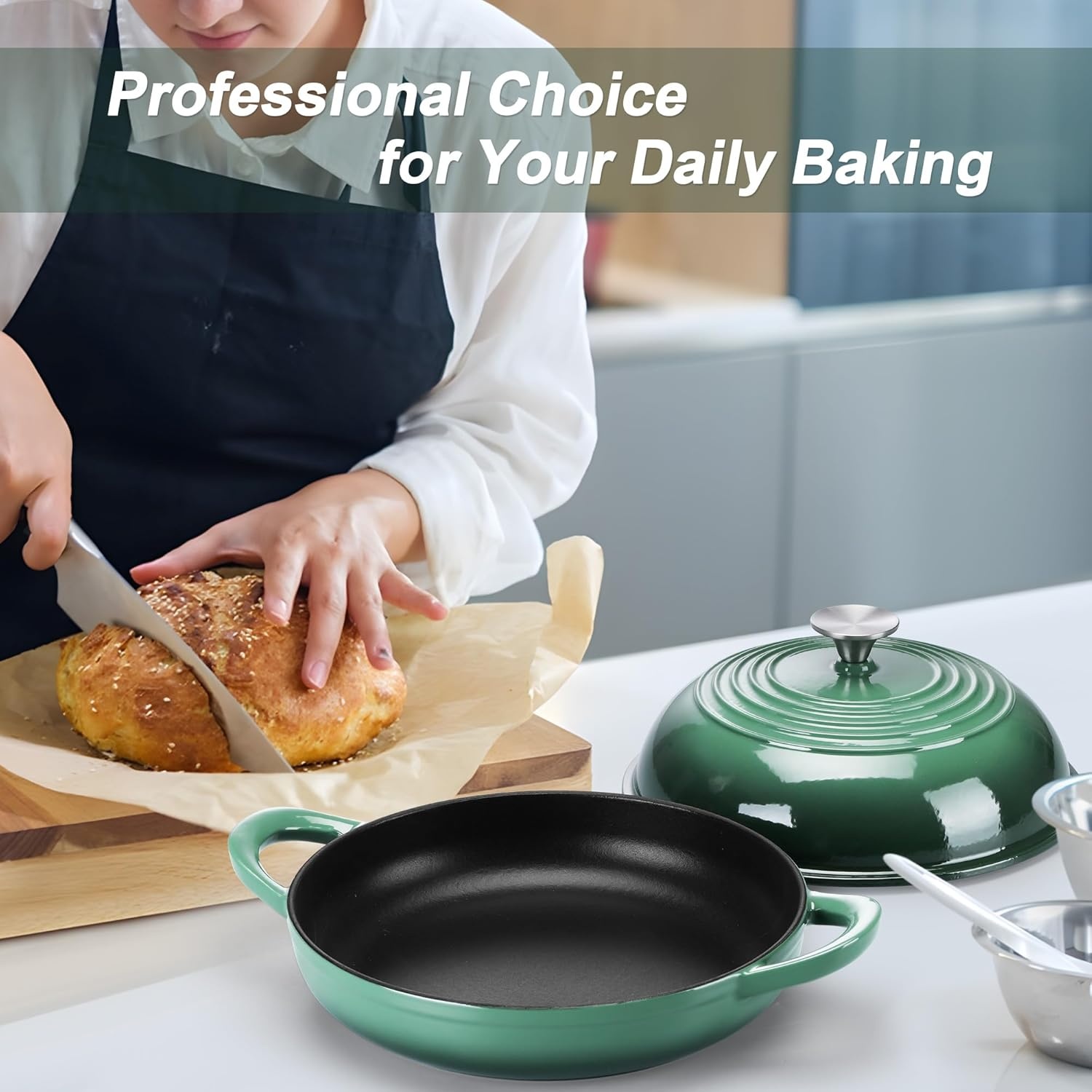 image:imageTeamFar Cast Iron Bread Dutch Oven 6 Qt Enameled Dutch Oven Pot for Sourdough Bread Baking with Tall Dome Lid amp Round Base Pan SelfBasting amp EvenHeating HeavyDuty amp Nonstick RedDark Green