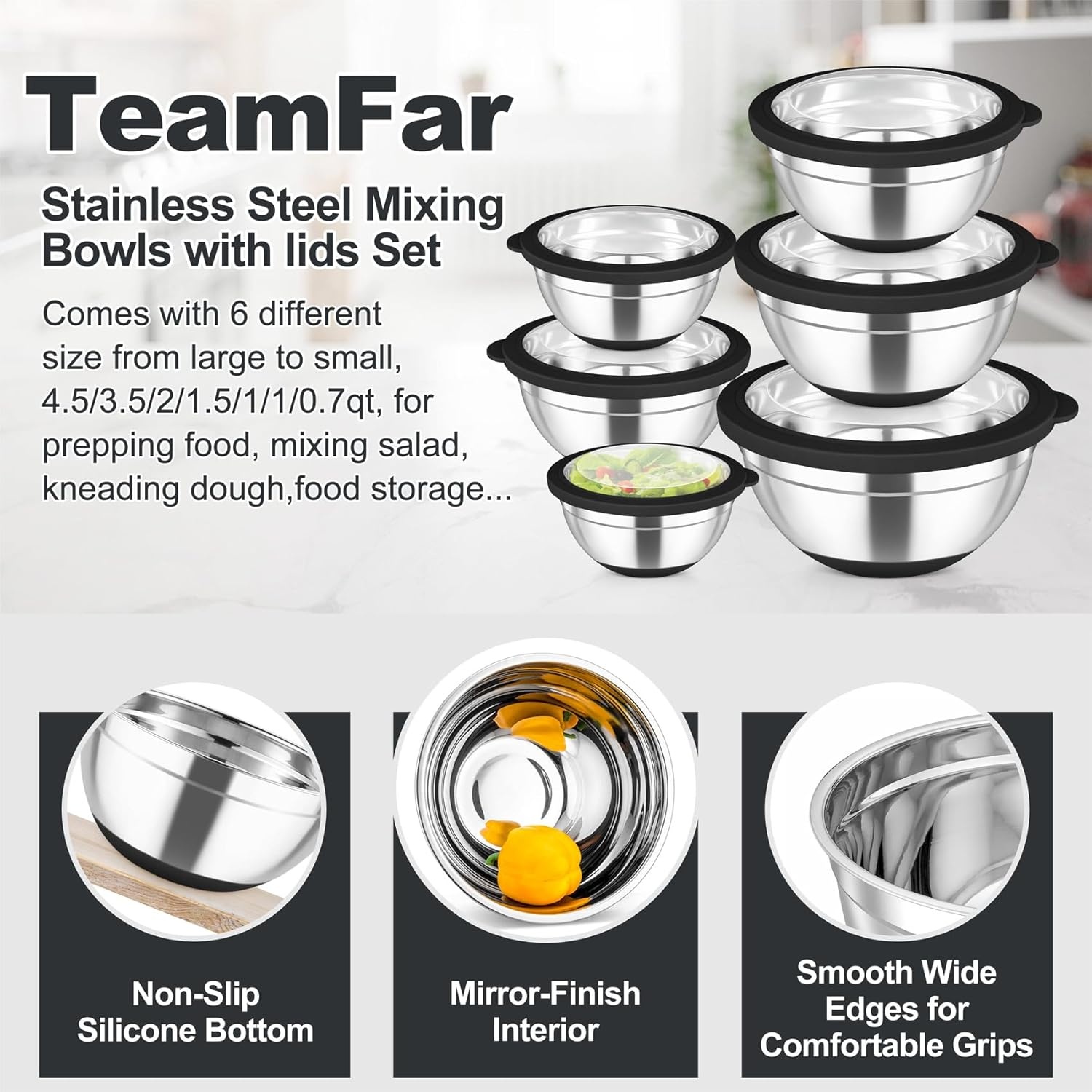 image:imageTeamFar Mixing Bowls Set of 6 Stainless Steel Salad Mixing Bowls with Visible Lids Metal Nesting for Mixing Serving Prepping NonSlip amp Airtight 4635215107 QT KhakiBlack