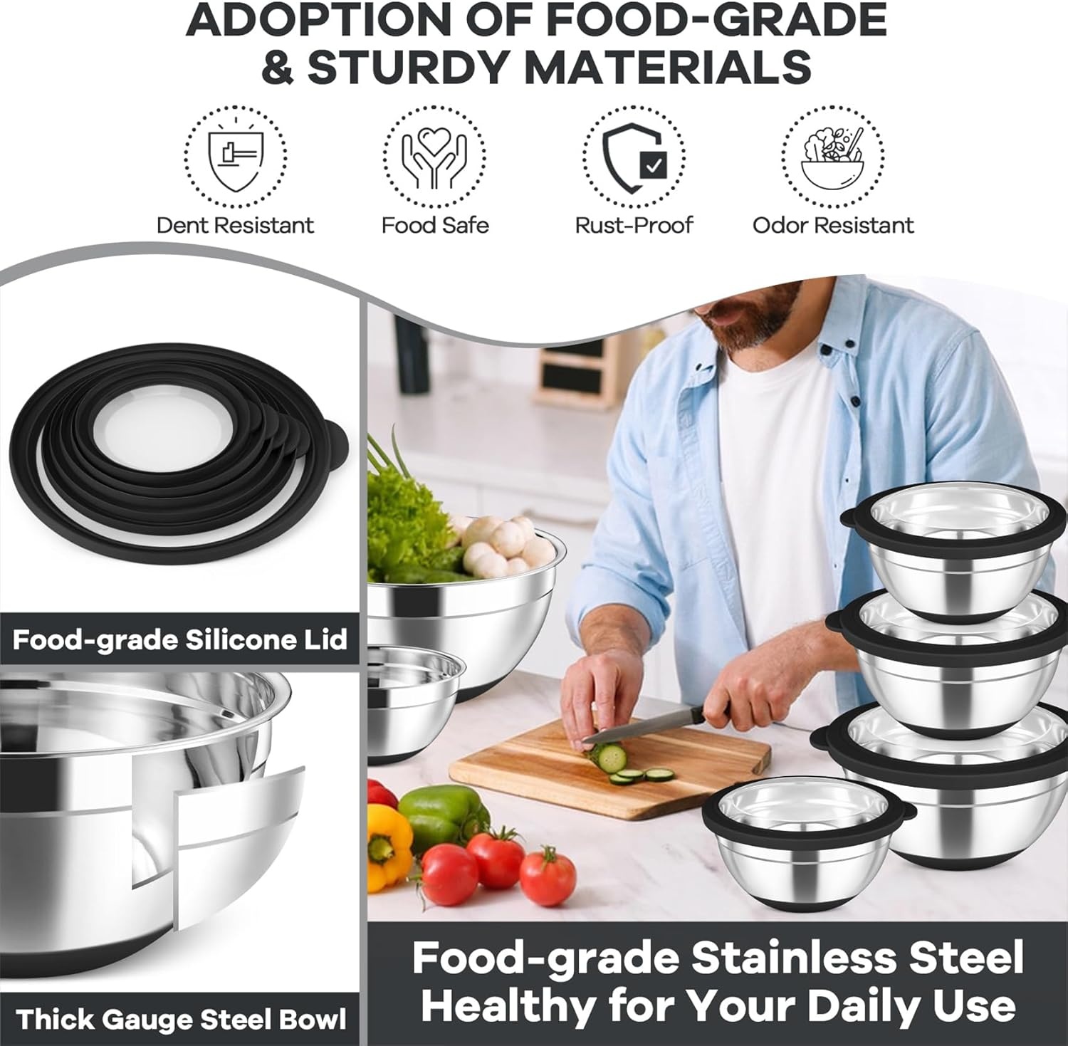 image:imageTeamFar Mixing Bowls Set of 6 Stainless Steel Salad Mixing Bowls with Visible Lids Metal Nesting for Mixing Serving Prepping NonSlip amp Airtight 4635215107 QT KhakiBlack