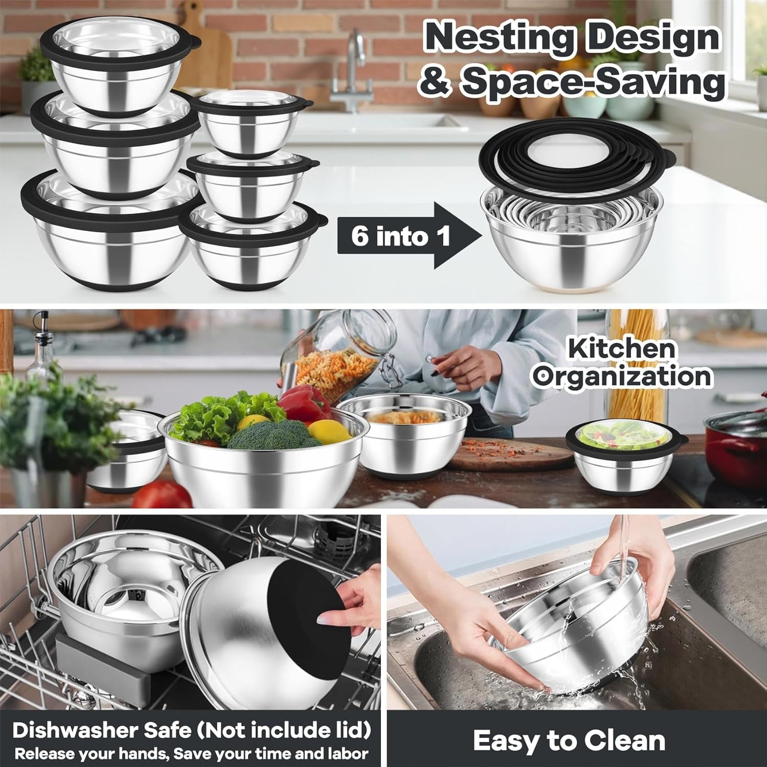 image:imageTeamFar Mixing Bowls Set of 6 Stainless Steel Salad Mixing Bowls with Visible Lids Metal Nesting for Mixing Serving Prepping NonSlip amp Airtight 4635215107 QT KhakiBlack