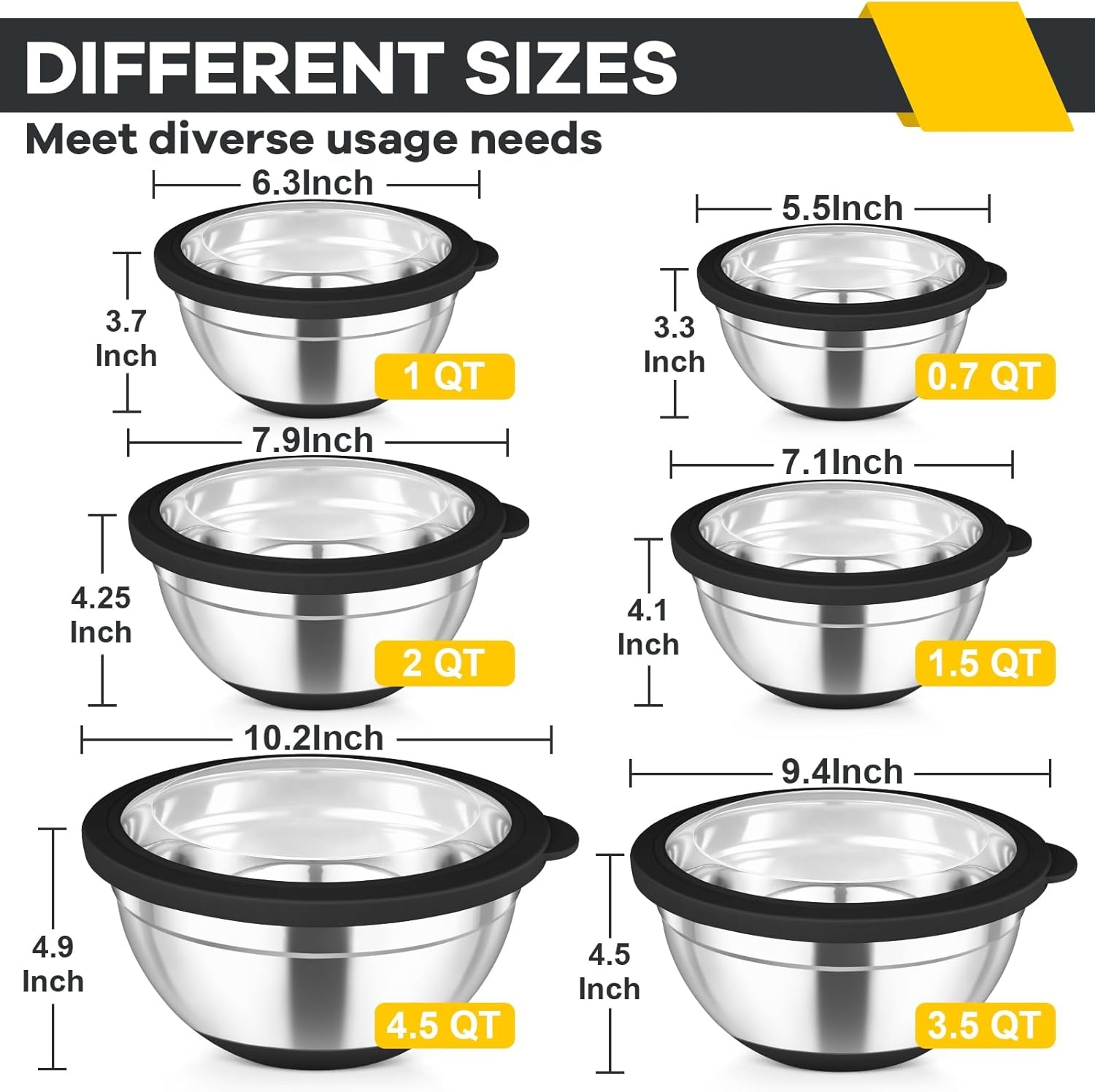image:imageTeamFar Mixing Bowls Set of 6 Stainless Steel Salad Mixing Bowls with Visible Lids Metal Nesting for Mixing Serving Prepping NonSlip amp Airtight 4635215107 QT KhakiBlack