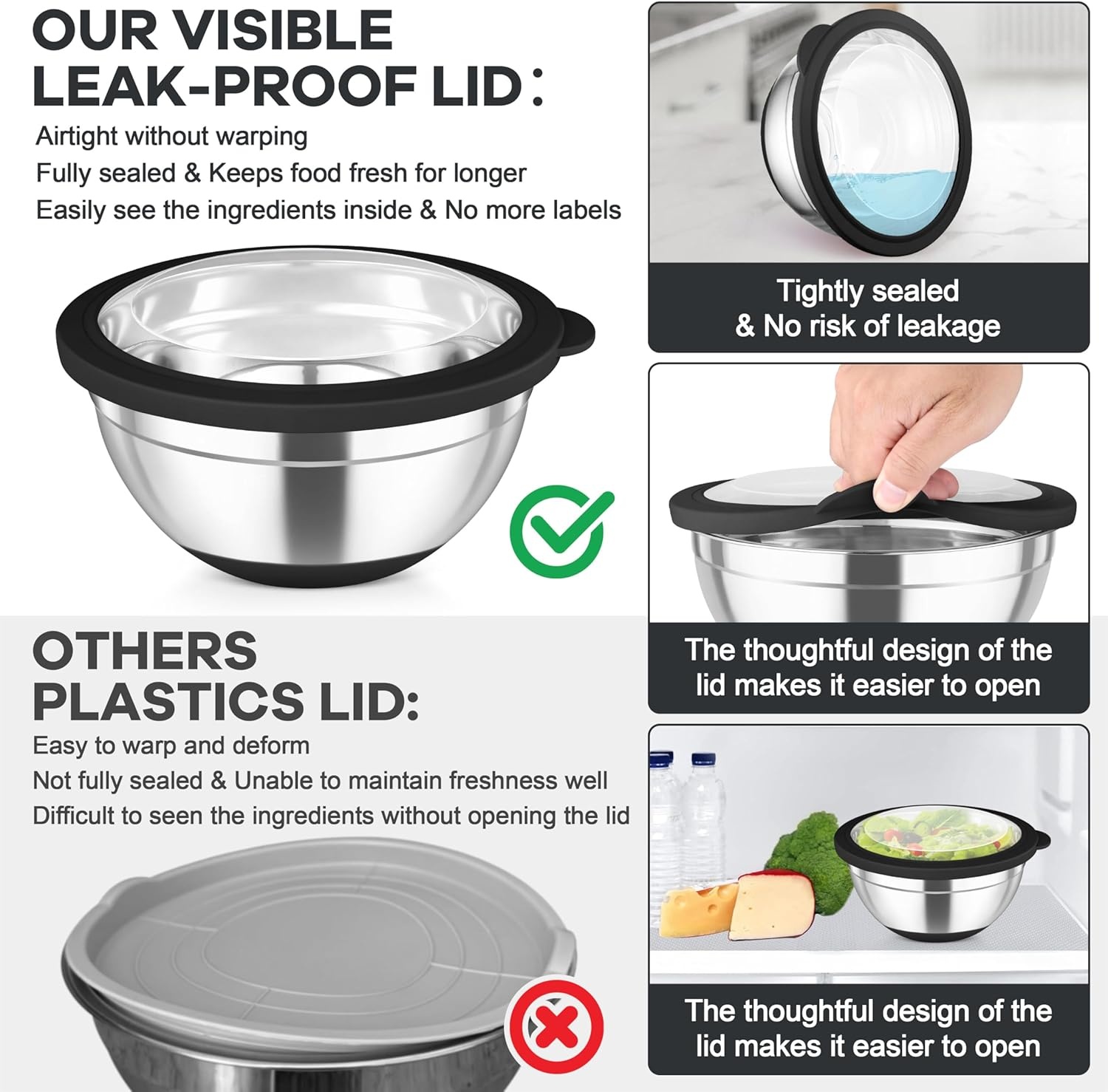 image:imageTeamFar Mixing Bowls Set of 6 Stainless Steel Salad Mixing Bowls with Visible Lids Metal Nesting for Mixing Serving Prepping NonSlip amp Airtight 4635215107 QT KhakiBlack