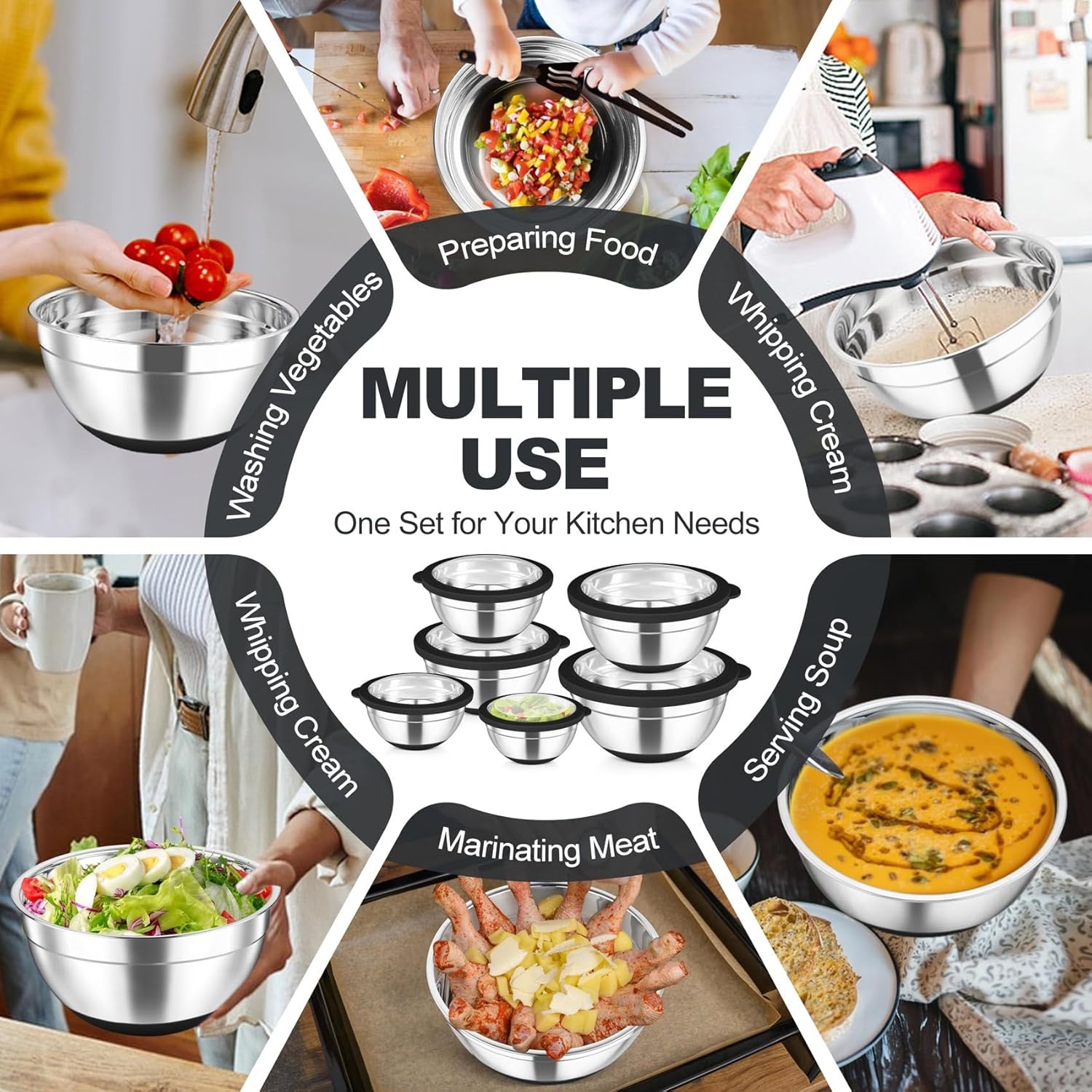 image:imageTeamFar Mixing Bowls Set of 6 Stainless Steel Salad Mixing Bowls with Visible Lids Metal Nesting for Mixing Serving Prepping NonSlip amp Airtight 4635215107 QT KhakiBlack
