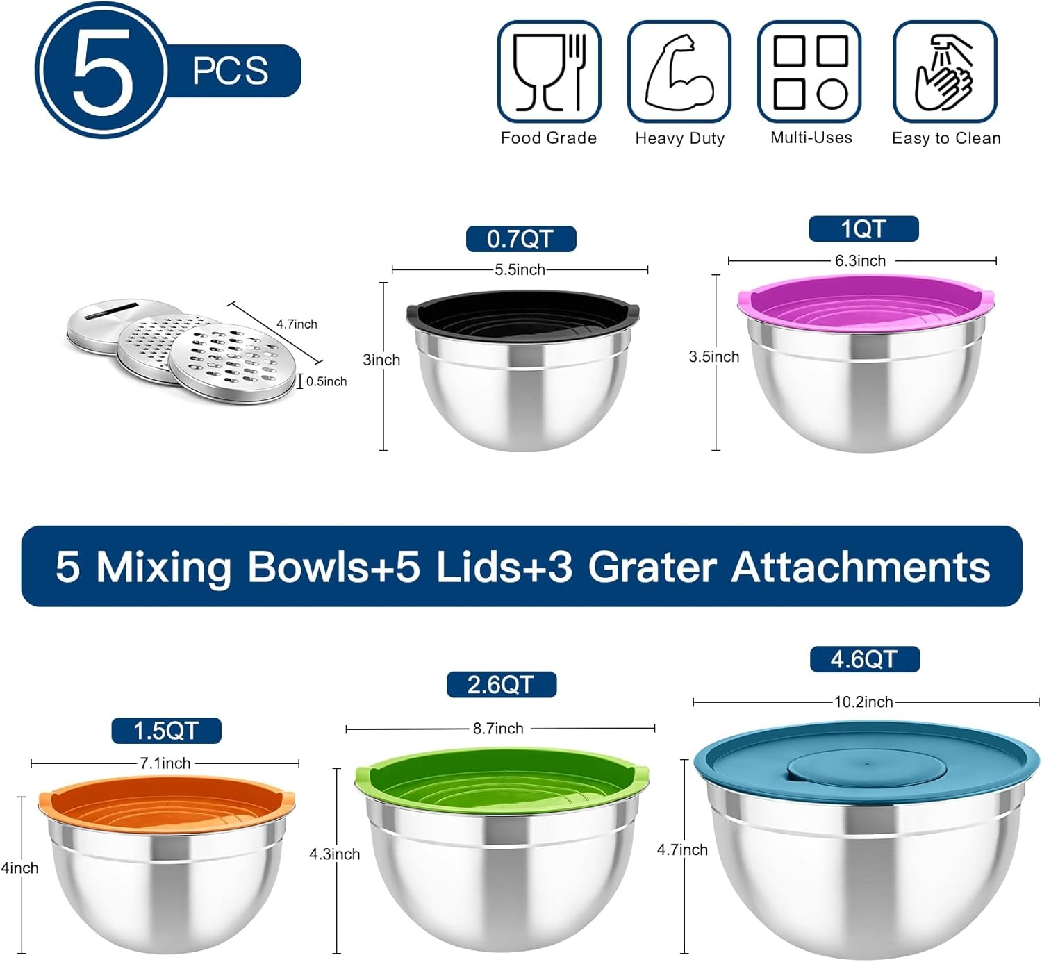 image:imageTeamFar Mixing Bowls with Airtight Lids 5PCS Stainless Steel Metal Salad Bowl with 3 Grater Attachments for Cooking Prepping Serving Healthy amp Easy Clean 071152646QT BlackMulticolor
