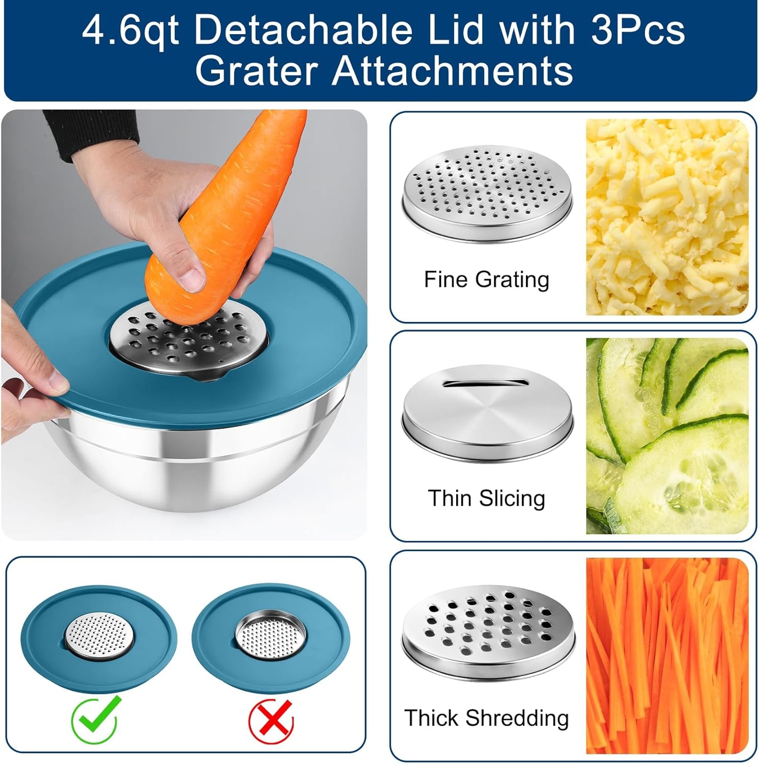 image:imageTeamFar Mixing Bowls with Airtight Lids 5PCS Stainless Steel Metal Salad Bowl with 3 Grater Attachments for Cooking Prepping Serving Healthy amp Easy Clean 071152646QT BlackMulticolor
