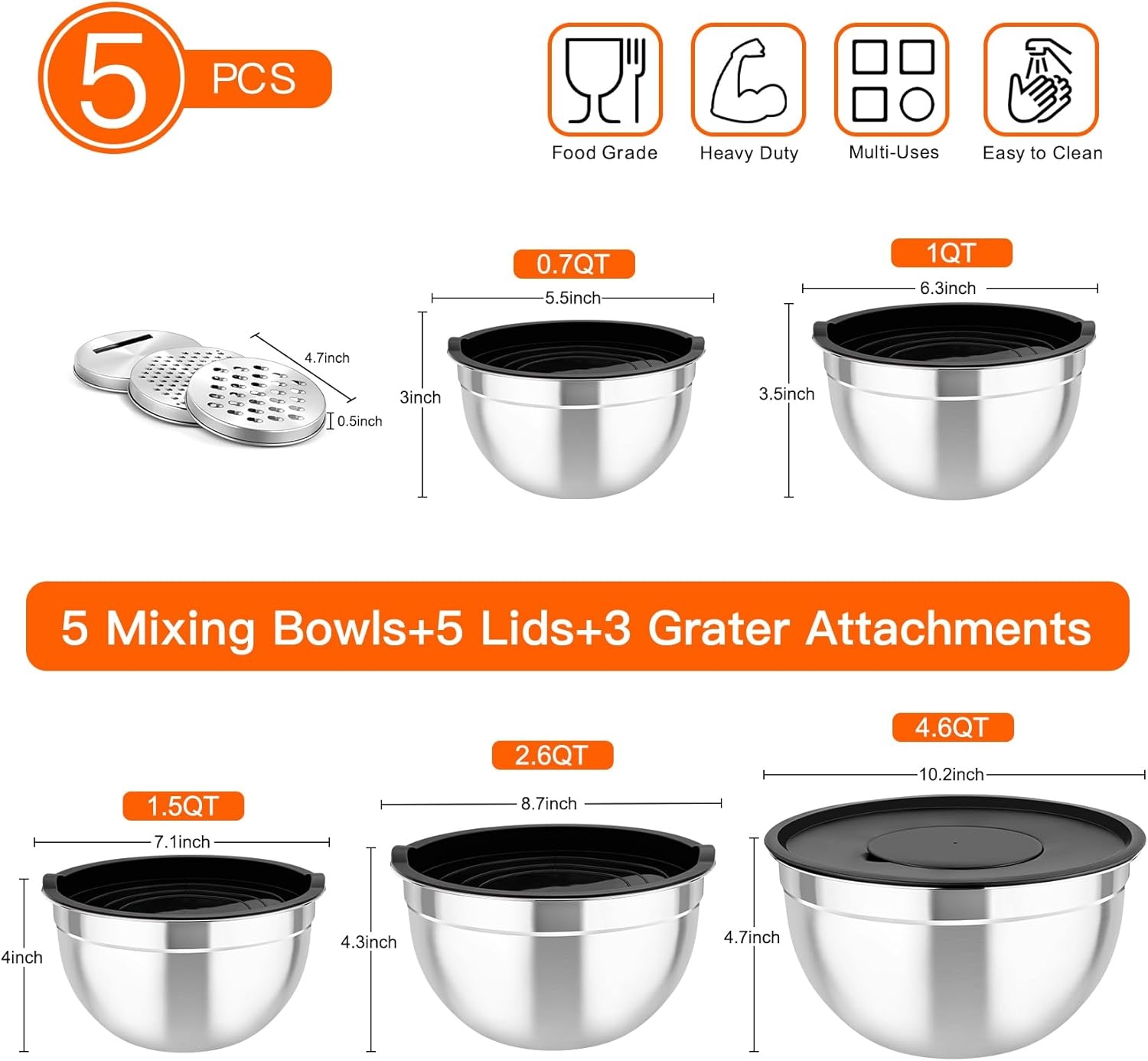 image:imageTeamFar Mixing Bowls with Airtight Lids 5PCS Stainless Steel Metal Salad Bowl with 3 Grater Attachments for Cooking Prepping Serving Healthy amp Easy Clean 071152646QT BlackBlack