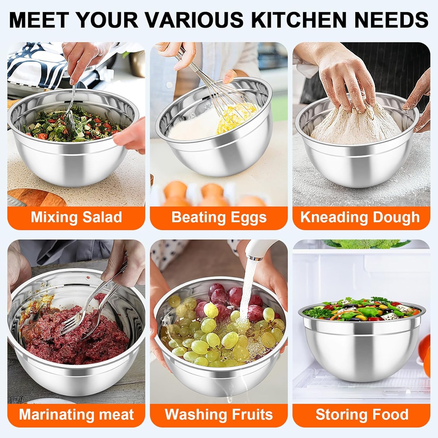 image:imageTeamFar Mixing Bowls with Airtight Lids 5PCS Stainless Steel Metal Salad Bowl with 3 Grater Attachments for Cooking Prepping Serving Healthy amp Easy Clean 071152646QT BlackBlack