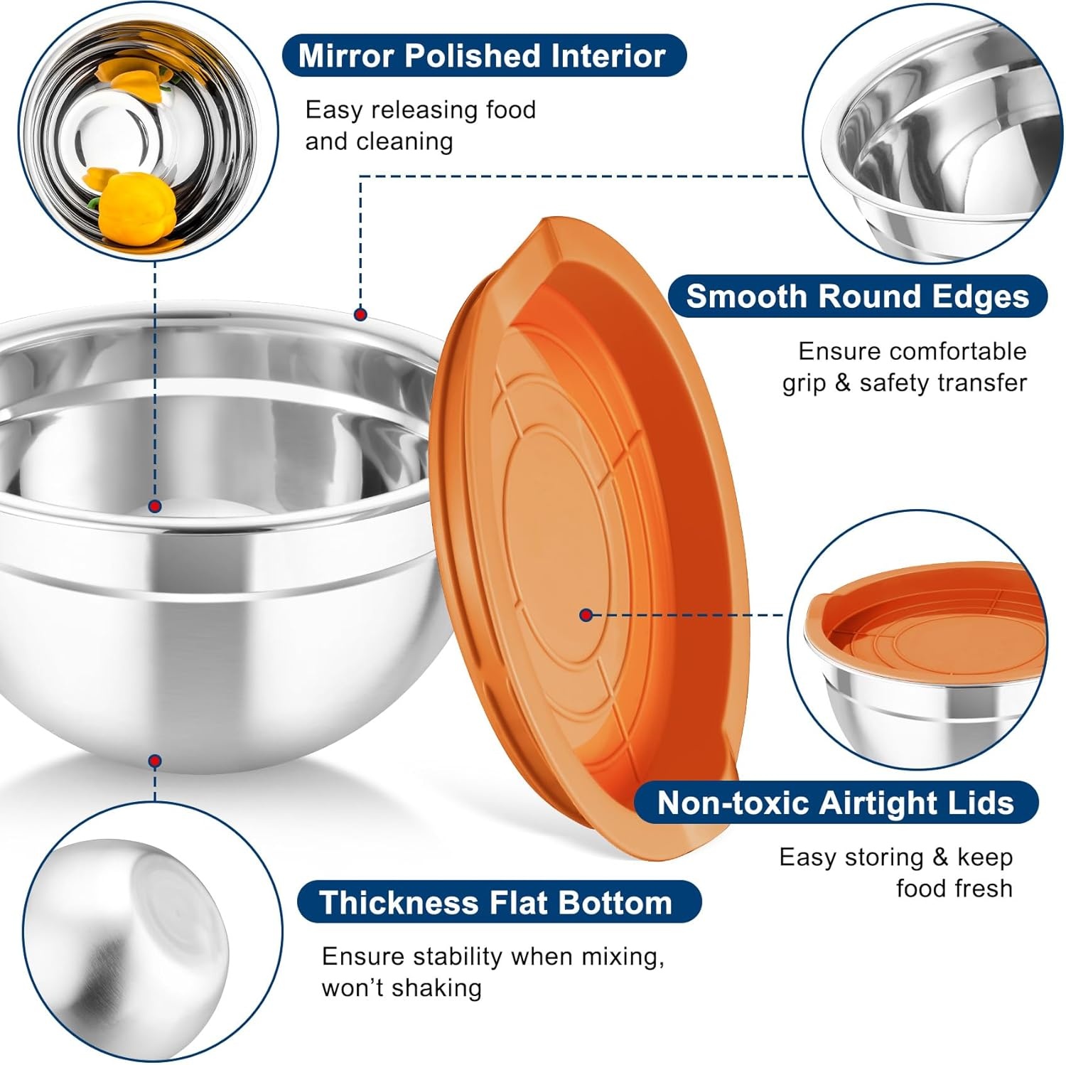 image:imageTeamFar Mixing Bowls with Airtight Lids 5PCS Stainless Steel Metal Salad Bowl with 3 Grater Attachments for Cooking Prepping Serving Healthy amp Easy Clean 071152646QT BlackMulticolor
