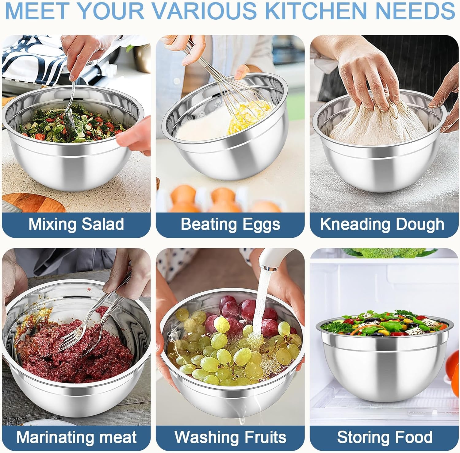 image:imageTeamFar Mixing Bowls with Airtight Lids 5PCS Stainless Steel Metal Salad Bowl with 3 Grater Attachments for Cooking Prepping Serving Healthy amp Easy Clean 071152646QT BlackMulticolor