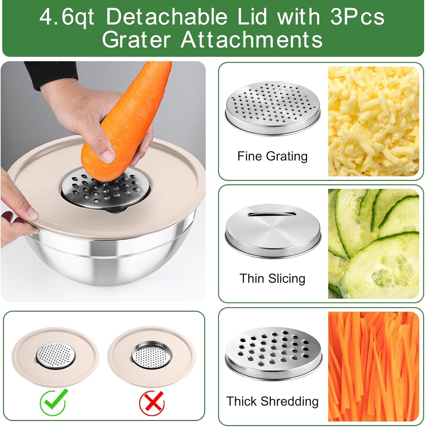 image:imageTeamFar Mixing Bowls with Airtight Lids 5PCS Stainless Steel Metal Salad Bowl with 3 Grater Attachments for Cooking Prepping Serving Healthy amp Easy Clean 071152646QT BlackKhaki