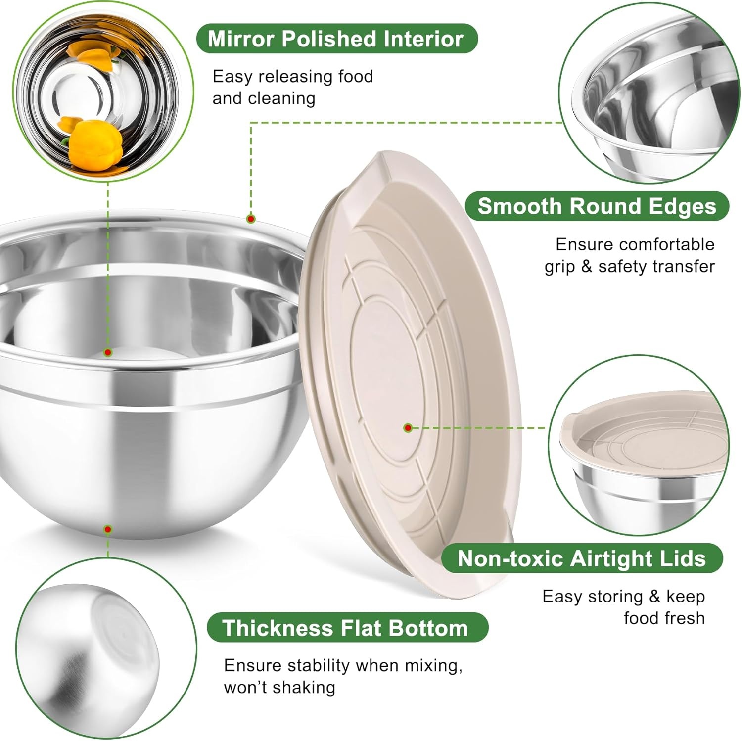 image:imageTeamFar Mixing Bowls with Airtight Lids 5PCS Stainless Steel Metal Salad Bowl with 3 Grater Attachments for Cooking Prepping Serving Healthy amp Easy Clean 071152646QT BlackKhaki
