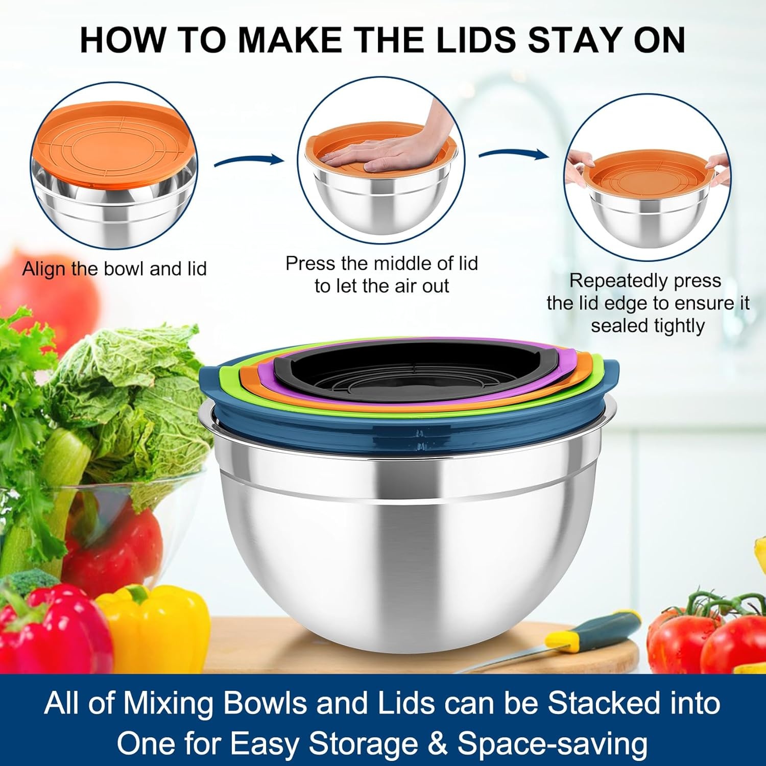 image:imageTeamFar Mixing Bowls with Airtight Lids 5PCS Stainless Steel Metal Salad Bowl with 3 Grater Attachments for Cooking Prepping Serving Healthy amp Easy Clean 071152646QT BlackMulticolor