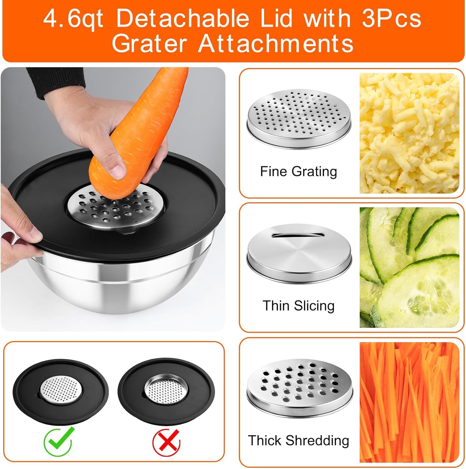 image:imageTeamFar Mixing Bowls with Airtight Lids 5PCS Stainless Steel Metal Salad Bowl with 3 Grater Attachments for Cooking Prepping Serving Healthy amp Easy Clean 071152646QT BlackBlack