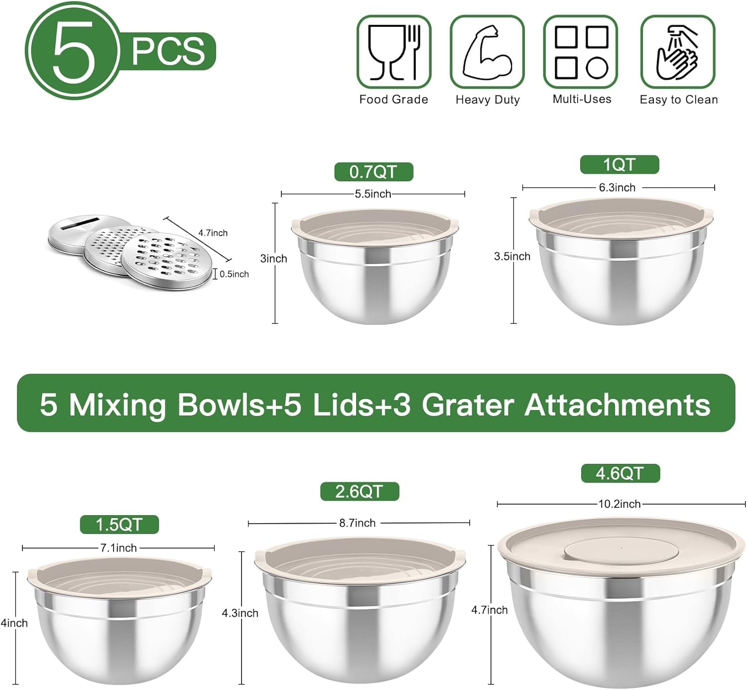 image:imageTeamFar Mixing Bowls with Airtight Lids 5PCS Stainless Steel Metal Salad Bowl with 3 Grater Attachments for Cooking Prepping Serving Healthy amp Easy Clean 071152646QT BlackKhaki