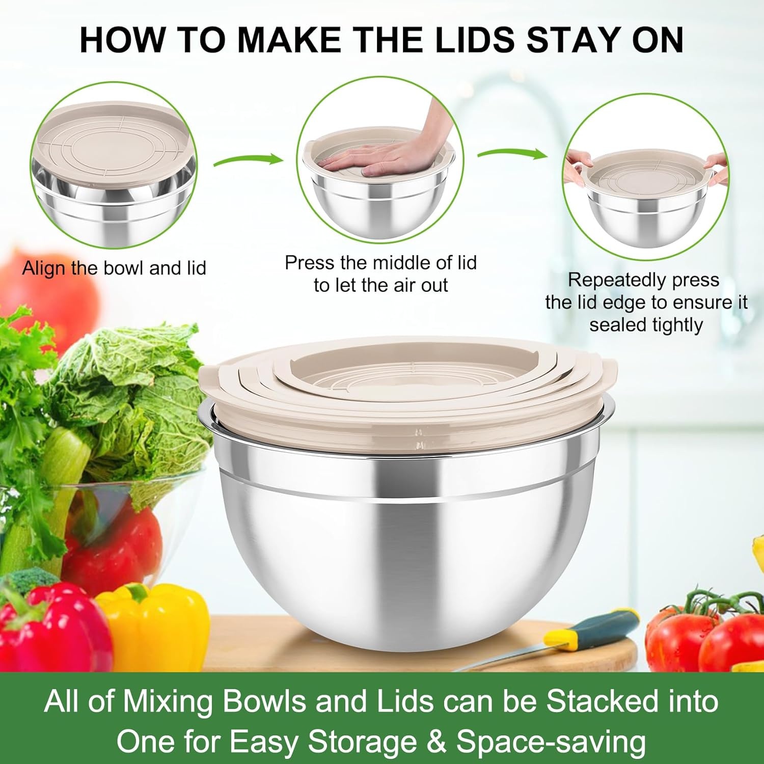 image:imageTeamFar Mixing Bowls with Airtight Lids 5PCS Stainless Steel Metal Salad Bowl with 3 Grater Attachments for Cooking Prepping Serving Healthy amp Easy Clean 071152646QT BlackKhaki
