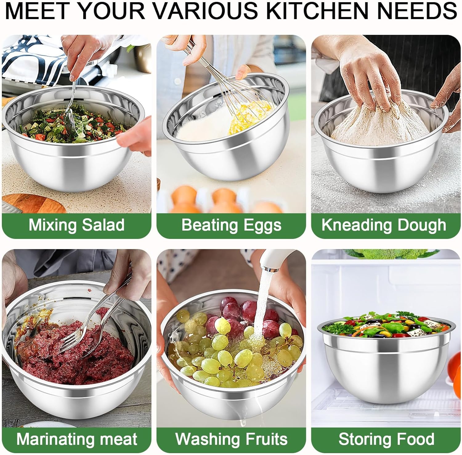 image:imageTeamFar Mixing Bowls with Airtight Lids 5PCS Stainless Steel Metal Salad Bowl with 3 Grater Attachments for Cooking Prepping Serving Healthy amp Easy Clean 071152646QT BlackKhaki