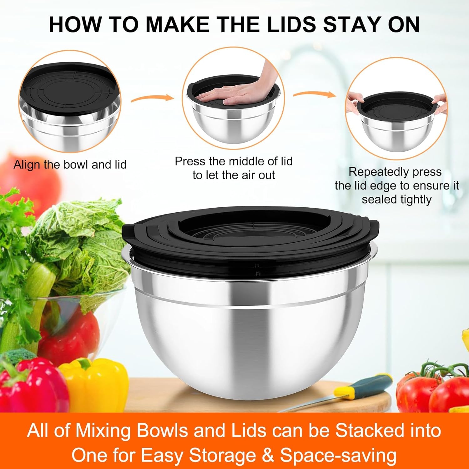 image:imageTeamFar Mixing Bowls with Airtight Lids 5PCS Stainless Steel Metal Salad Bowl with 3 Grater Attachments for Cooking Prepping Serving Healthy amp Easy Clean 071152646QT BlackBlack