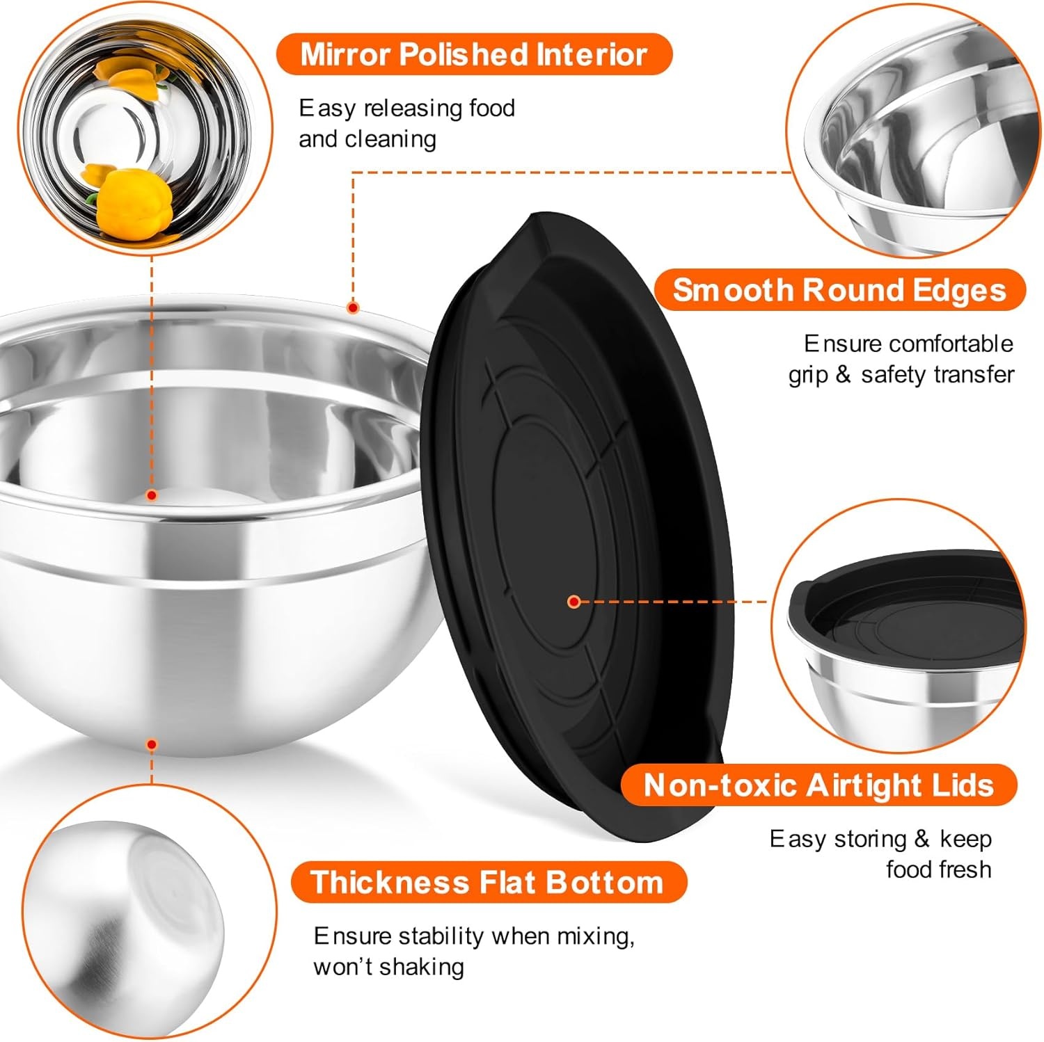 image:imageTeamFar Mixing Bowls with Airtight Lids 5PCS Stainless Steel Metal Salad Bowl with 3 Grater Attachments for Cooking Prepping Serving Healthy amp Easy Clean 071152646QT BlackBlack