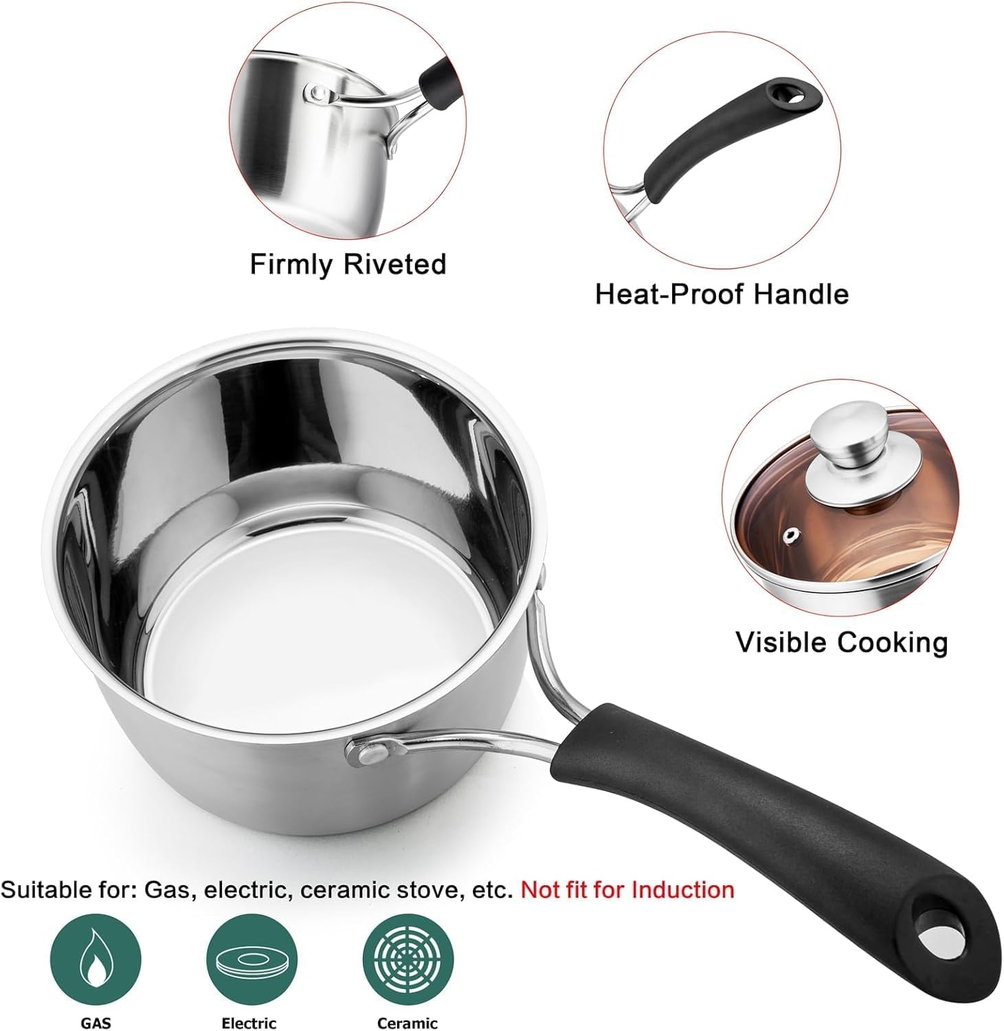 image:imageTeamFar 1 Quart Saucepan Stainless Steel Saucepan with Lid Small Sauce Pot Milk Pan Cookware for Home Cooking Non Toxic amp Healthy Easy Clean amp Dishwasher Safe2QT