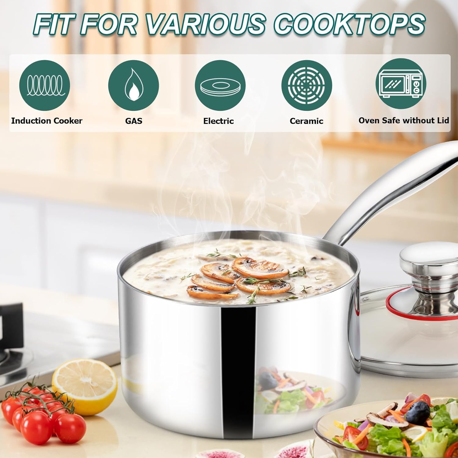 image:imageTeamFar 1qt Saucepan with Lid Stainless Steel Triply Small Cooking Pot Sauce Milk Pan with Ergonomic Handle for InductionGasElectricCeramic Healthy amp Heavy Duty Dishwasher Safe3QT