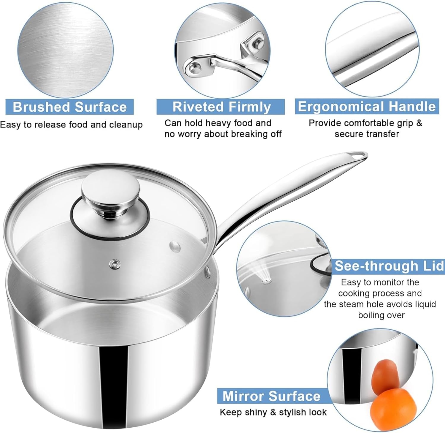 image:imageTeamFar 2qt Saucepan with Lid Stainless Steel TriPly Sauce Milk Pan Small Cooking Pot with Ergonomic Handle for InductionGasElectricCeramic Nontoxic amp Healthy Heavy Duty amp Dishwasher Safe1QT
