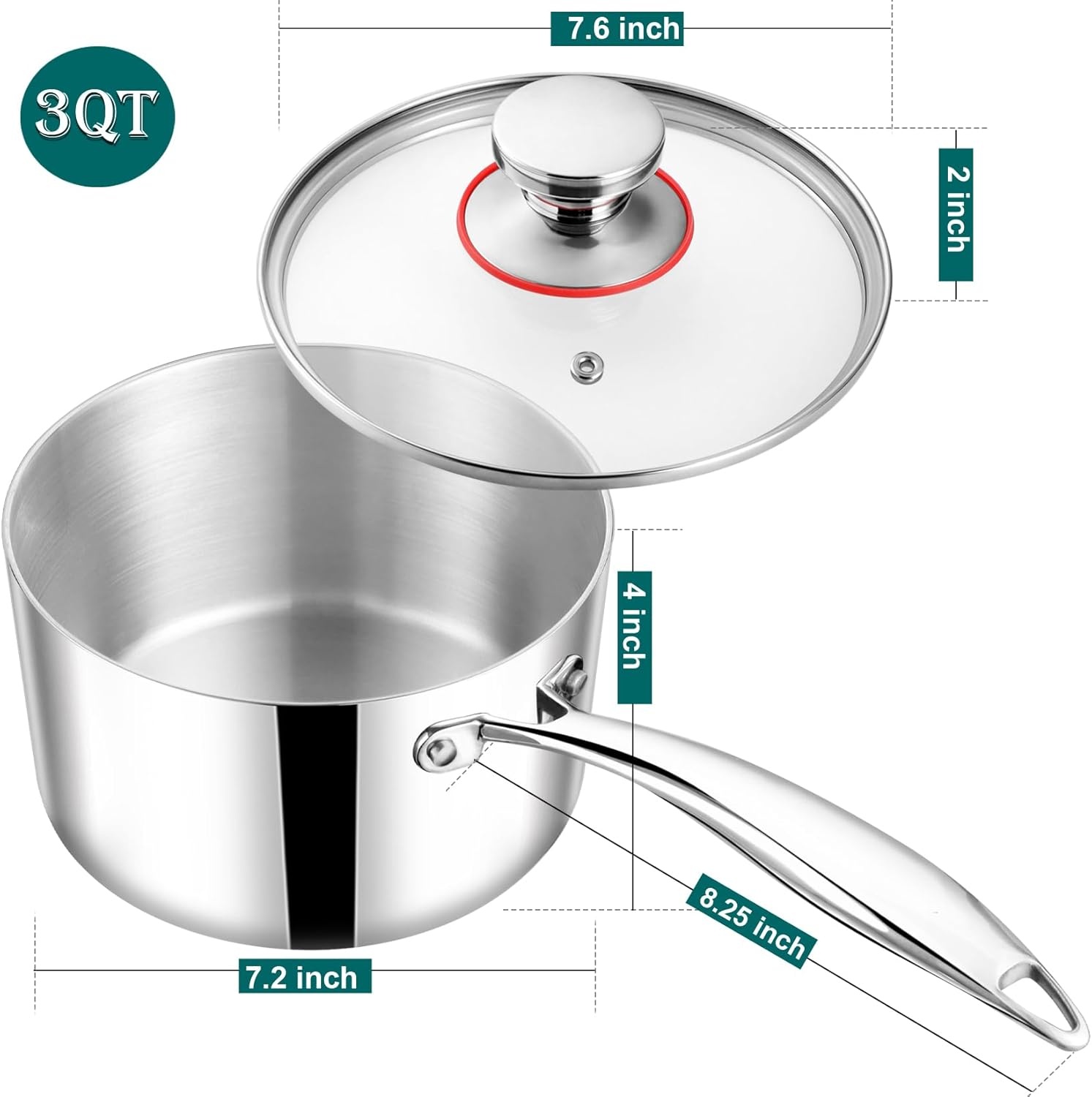 image:imageTeamFar 2qt Saucepan with Lid Stainless Steel TriPly Sauce Milk Pan Small Cooking Pot with Ergonomic Handle for InductionGasElectricCeramic Nontoxic amp Healthy Heavy Duty amp Dishwasher Safe3QT