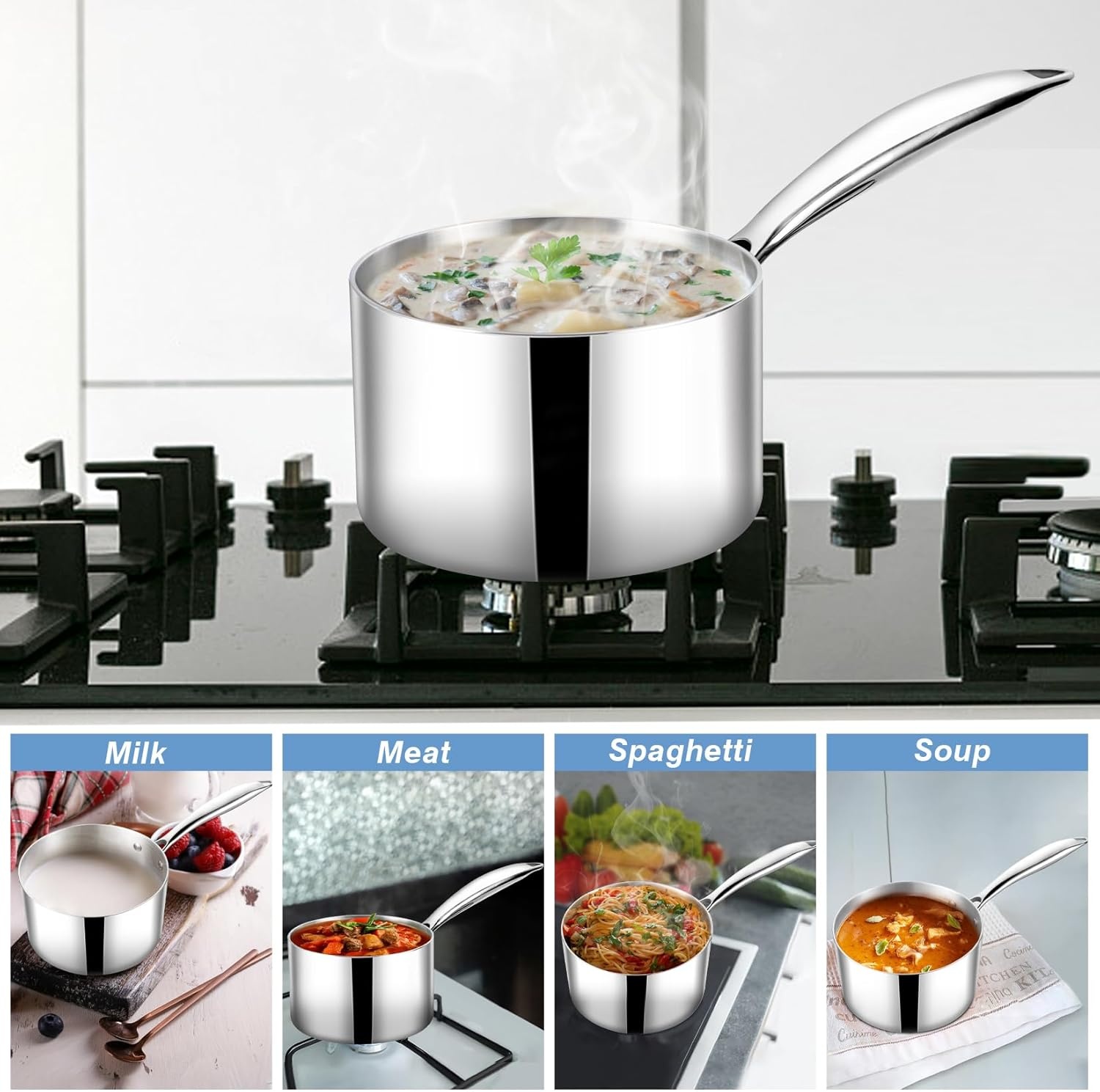 image:imageTeamFar 2qt Saucepan with Lid Stainless Steel TriPly Sauce Milk Pan Small Cooking Pot with Ergonomic Handle for InductionGasElectricCeramic Nontoxic amp Healthy Heavy Duty amp Dishwasher Safe2QT