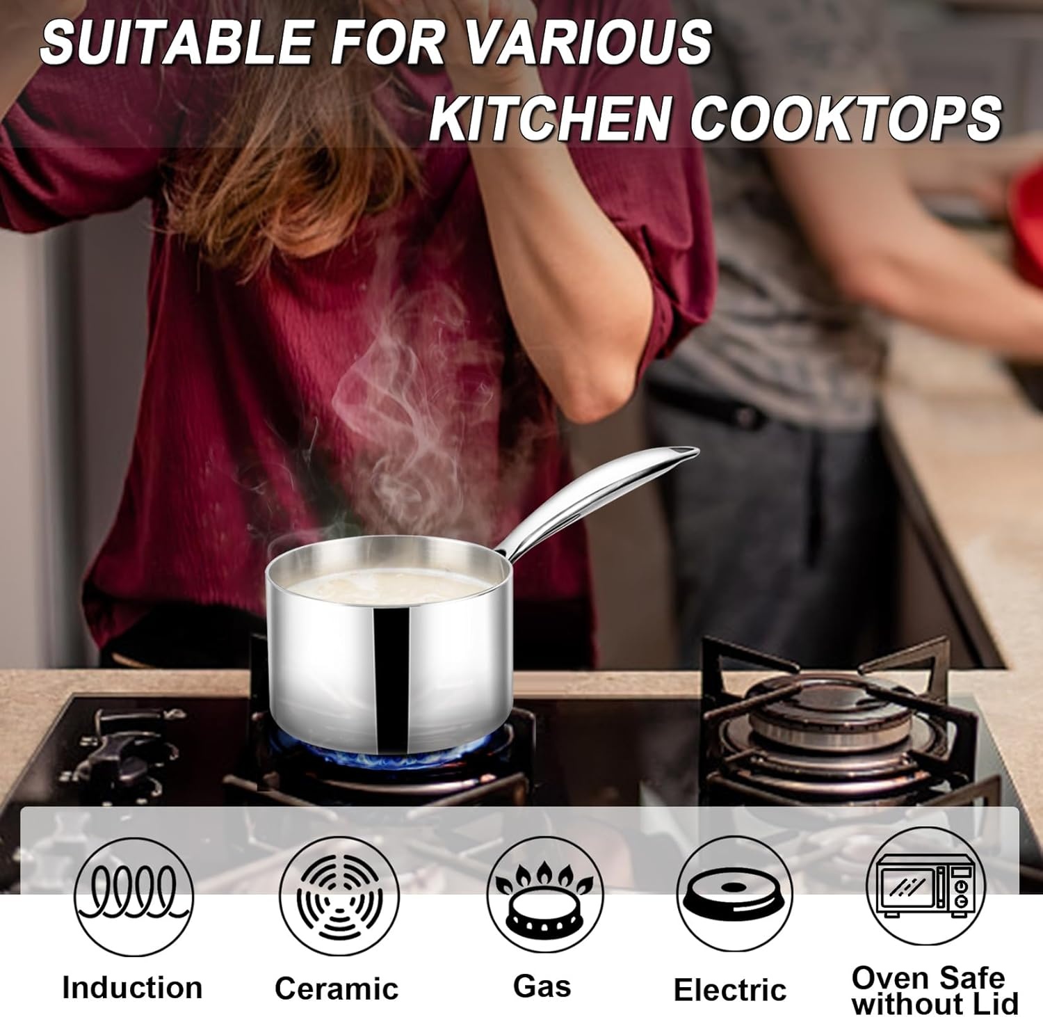 image:imageTeamFar 2qt Saucepan with Lid Stainless Steel TriPly Sauce Milk Pan Small Cooking Pot with Ergonomic Handle for InductionGasElectricCeramic Nontoxic amp Healthy Heavy Duty amp Dishwasher Safe2QT