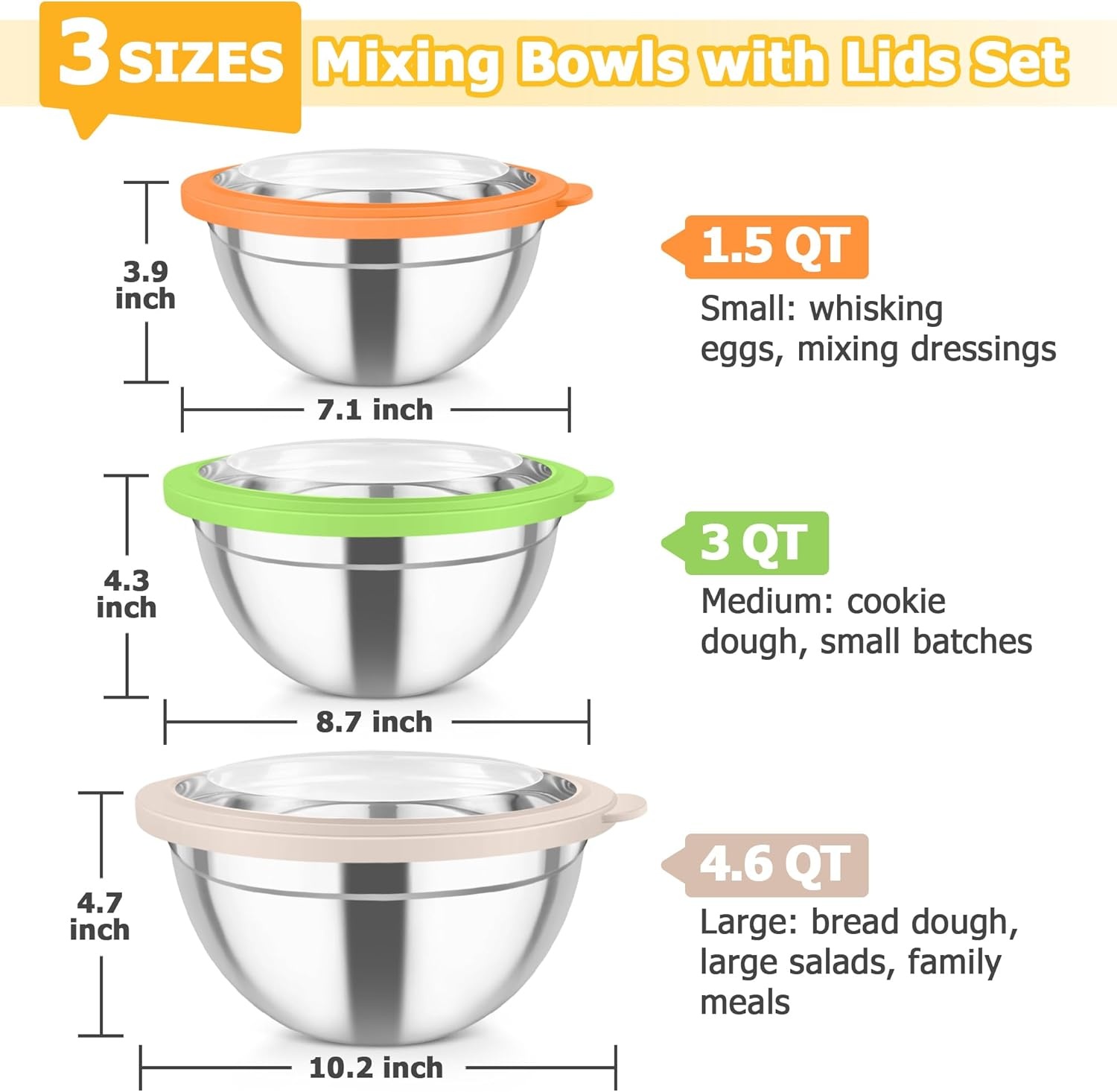 image:imageTeamFar Mixing Bowl Set 45315 QT Stainless Steel Nesting Salad Bowls with Airtight Lids For ServingMixingStoringPrepping NonToxic amp Sturdy Visible amp Easy Clean Dark Blue Set of 3Multicolor
