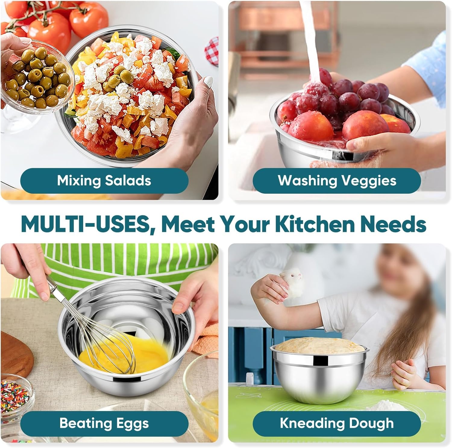 image:imageTeamFar Mixing Bowls 45315107 QT Stainless Steel Metal Nesting Salad Bowl with Lid Set Ideal for Mixing Serving NonToxic amp Sturdy Airtight Lid amp Easy Clean RedSet of 5Blue