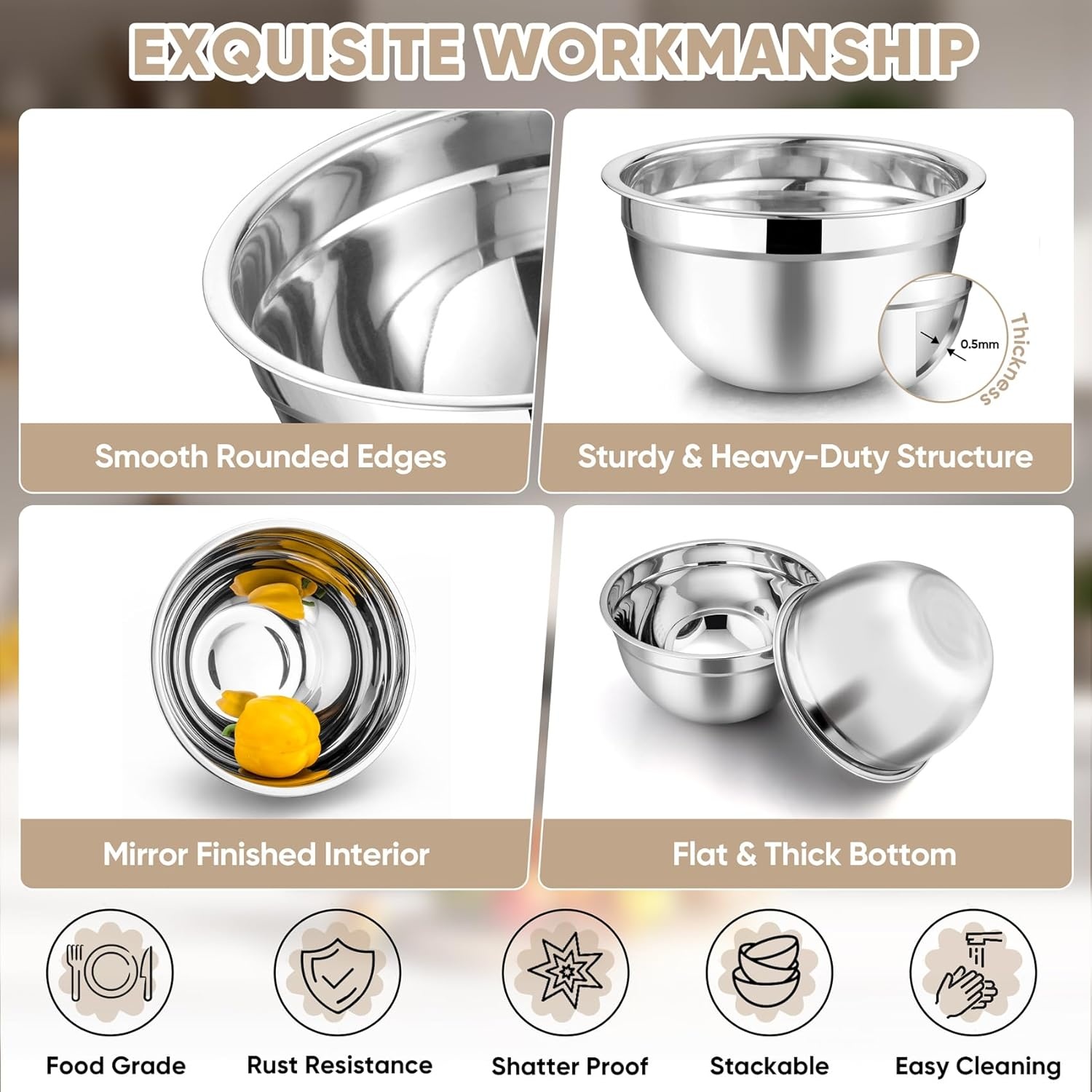 image:imageTeamFar Mixing Bowls 45315107 QT Stainless Steel Metal Nesting Salad Bowl with Lid Set Ideal for Mixing Serving NonToxic amp Sturdy Airtight Lid amp Easy Clean RedSet of 5Red