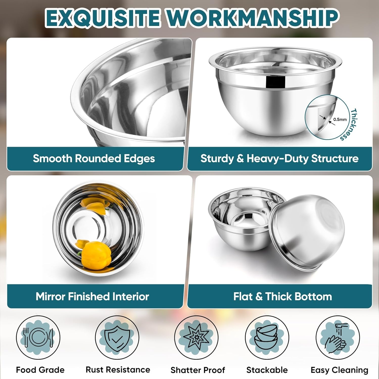 image:imageTeamFar Mixing Bowls 45315107 QT Stainless Steel Metal Nesting Salad Bowl with Lid Set Ideal for Mixing Serving NonToxic amp Sturdy Airtight Lid amp Easy Clean RedSet of 5Blue