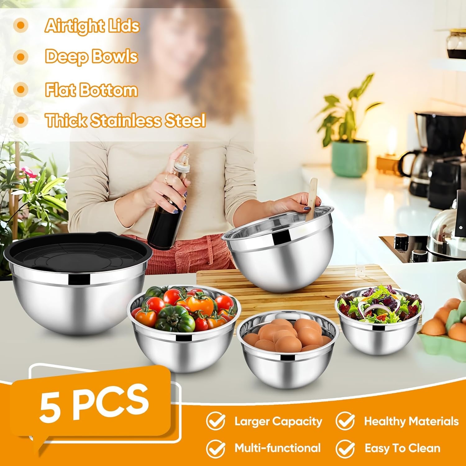 image:imageTeamFar Mixing Bowls 45315107 QT Stainless Steel Metal Nesting Salad Bowl with Lid Set Ideal for Mixing Serving NonToxic amp Sturdy Airtight Lid amp Easy Clean RedSet of 5Black