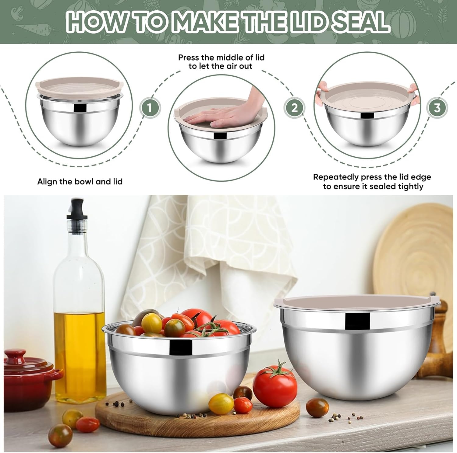 image:imageTeamFar Mixing Bowls 45315107 QT Stainless Steel Metal Nesting Salad Bowl with Lid Set Ideal for Mixing Serving NonToxic amp Sturdy Airtight Lid amp Easy Clean RedSet of 5Khaki