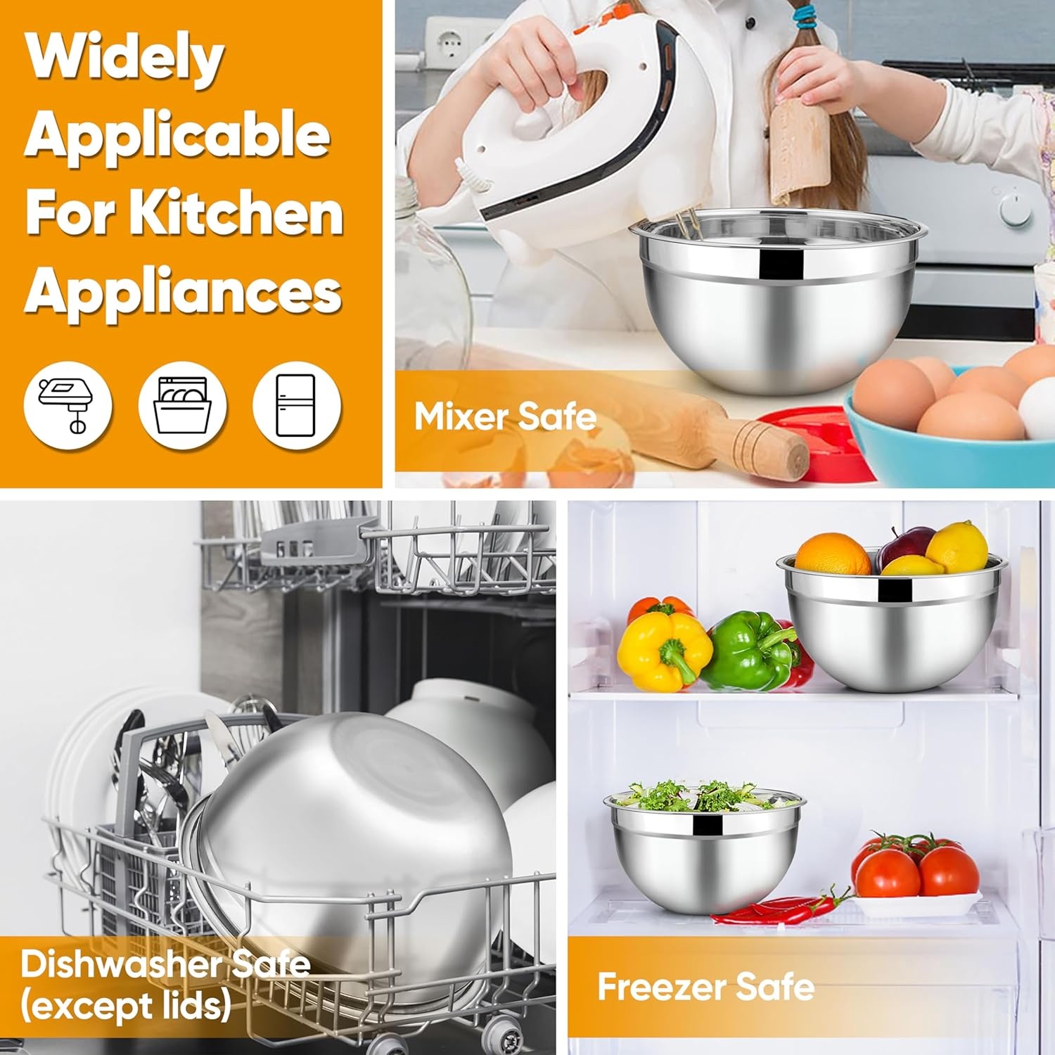 image:imageTeamFar Mixing Bowls 45315107 QT Stainless Steel Metal Nesting Salad Bowl with Lid Set Ideal for Mixing Serving NonToxic amp Sturdy Airtight Lid amp Easy Clean RedSet of 5Black