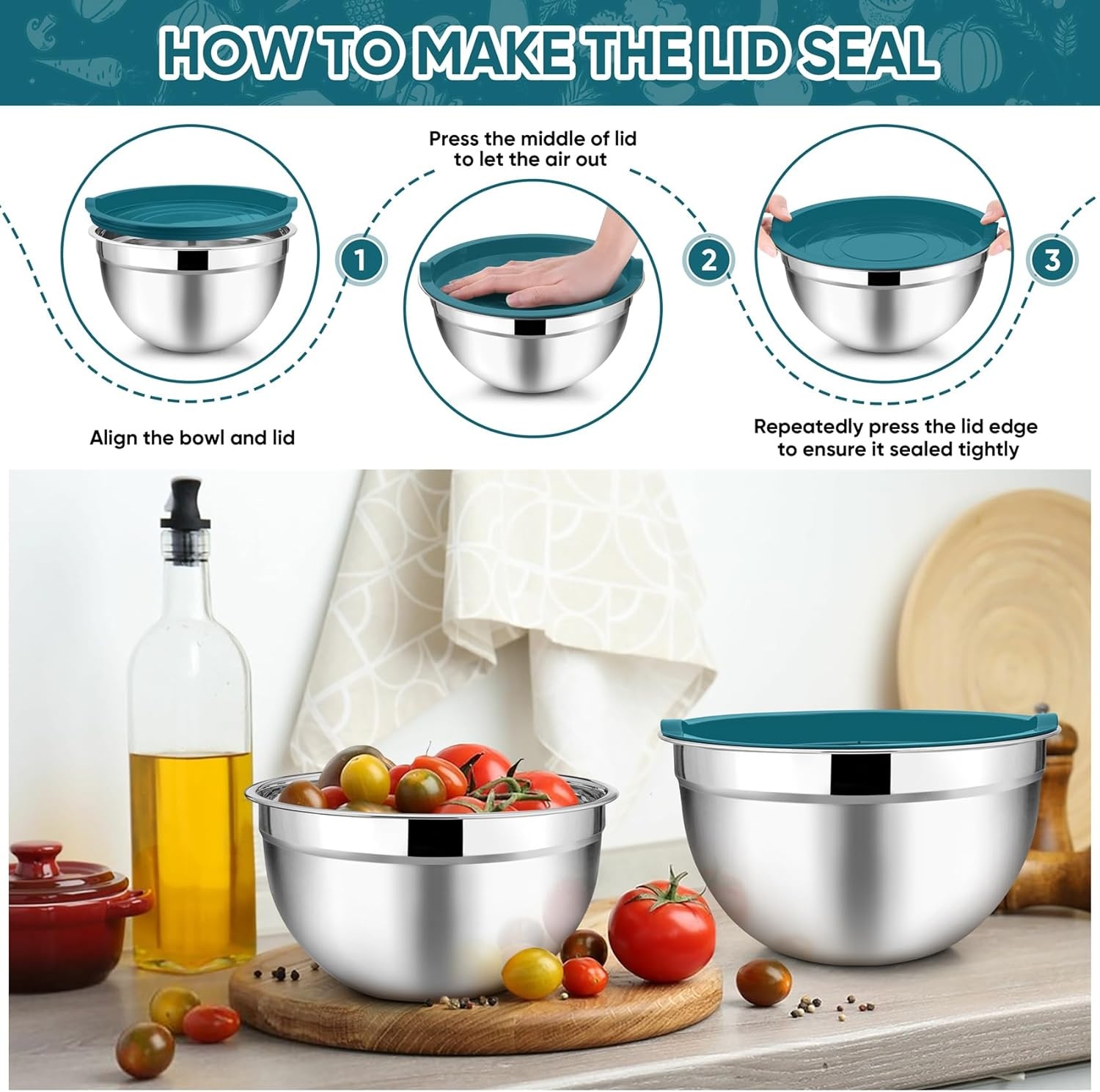 image:imageTeamFar Mixing Bowls 45315107 QT Stainless Steel Metal Nesting Salad Bowl with Lid Set Ideal for Mixing Serving NonToxic amp Sturdy Airtight Lid amp Easy Clean RedSet of 5Blue