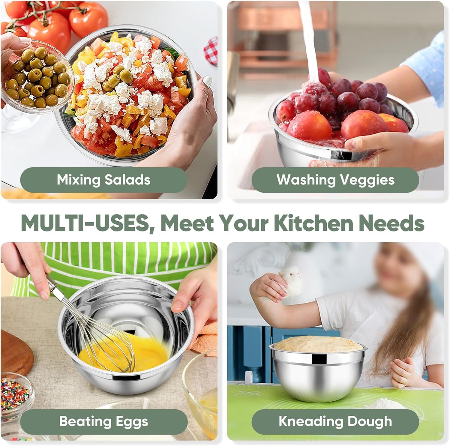 image:imageTeamFar Mixing Bowls 45315107 QT Stainless Steel Metal Nesting Salad Bowl with Lid Set Ideal for Mixing Serving NonToxic amp Sturdy Airtight Lid amp Easy Clean RedSet of 5Khaki