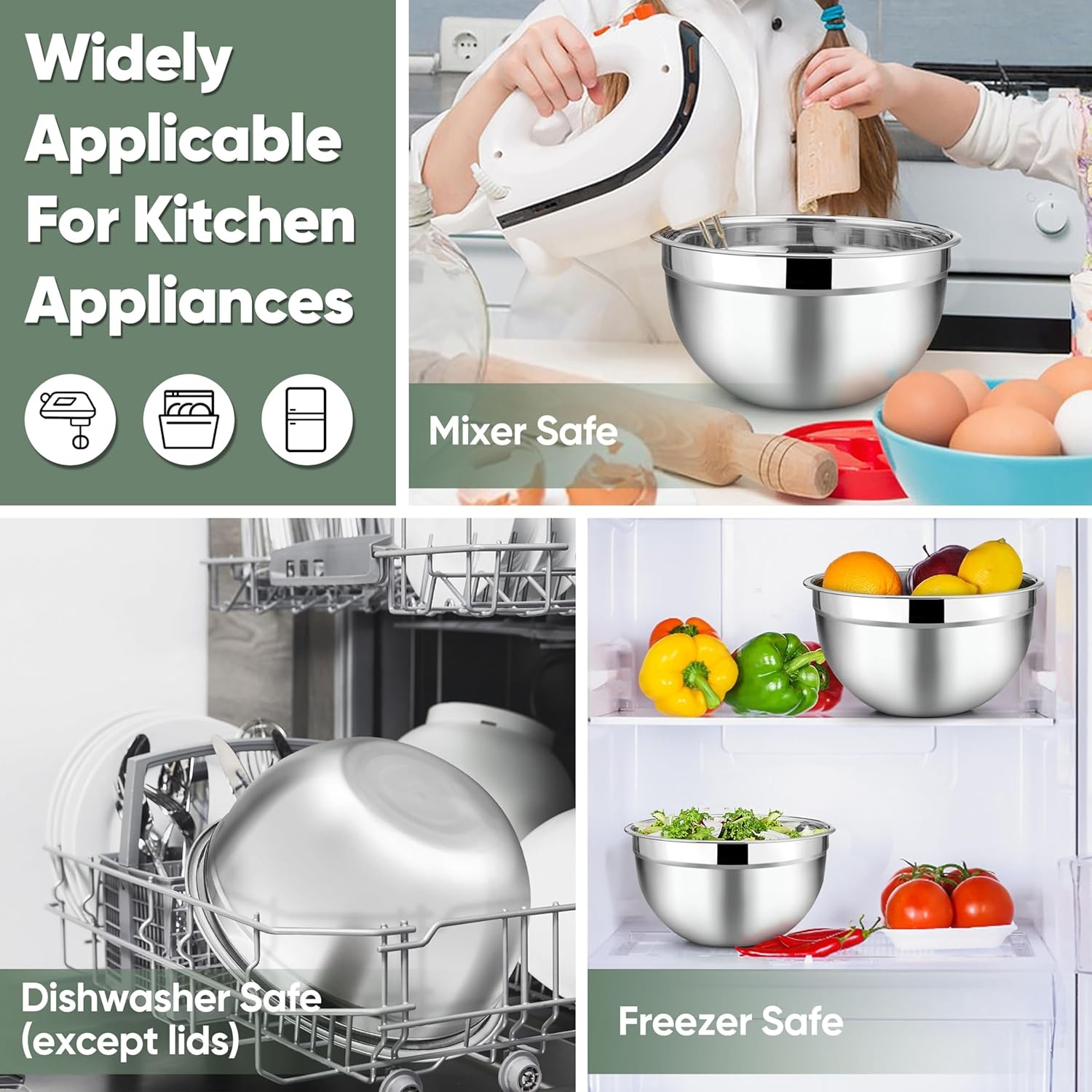 image:imageTeamFar Mixing Bowls 45315107 QT Stainless Steel Metal Nesting Salad Bowl with Lid Set Ideal for Mixing Serving NonToxic amp Sturdy Airtight Lid amp Easy Clean RedSet of 5Khaki