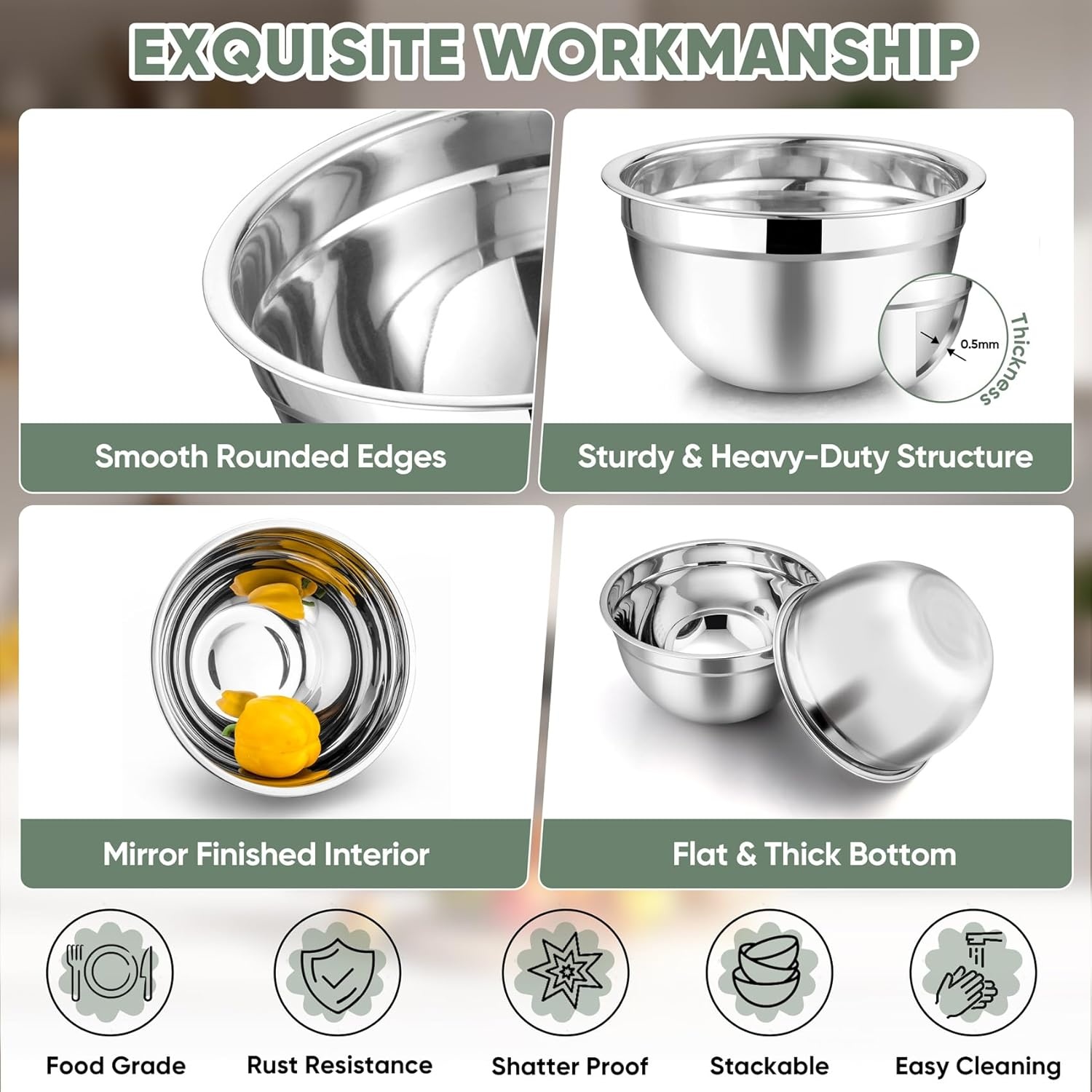 image:imageTeamFar Mixing Bowls 45315107 QT Stainless Steel Metal Nesting Salad Bowl with Lid Set Ideal for Mixing Serving NonToxic amp Sturdy Airtight Lid amp Easy Clean RedSet of 5Khaki